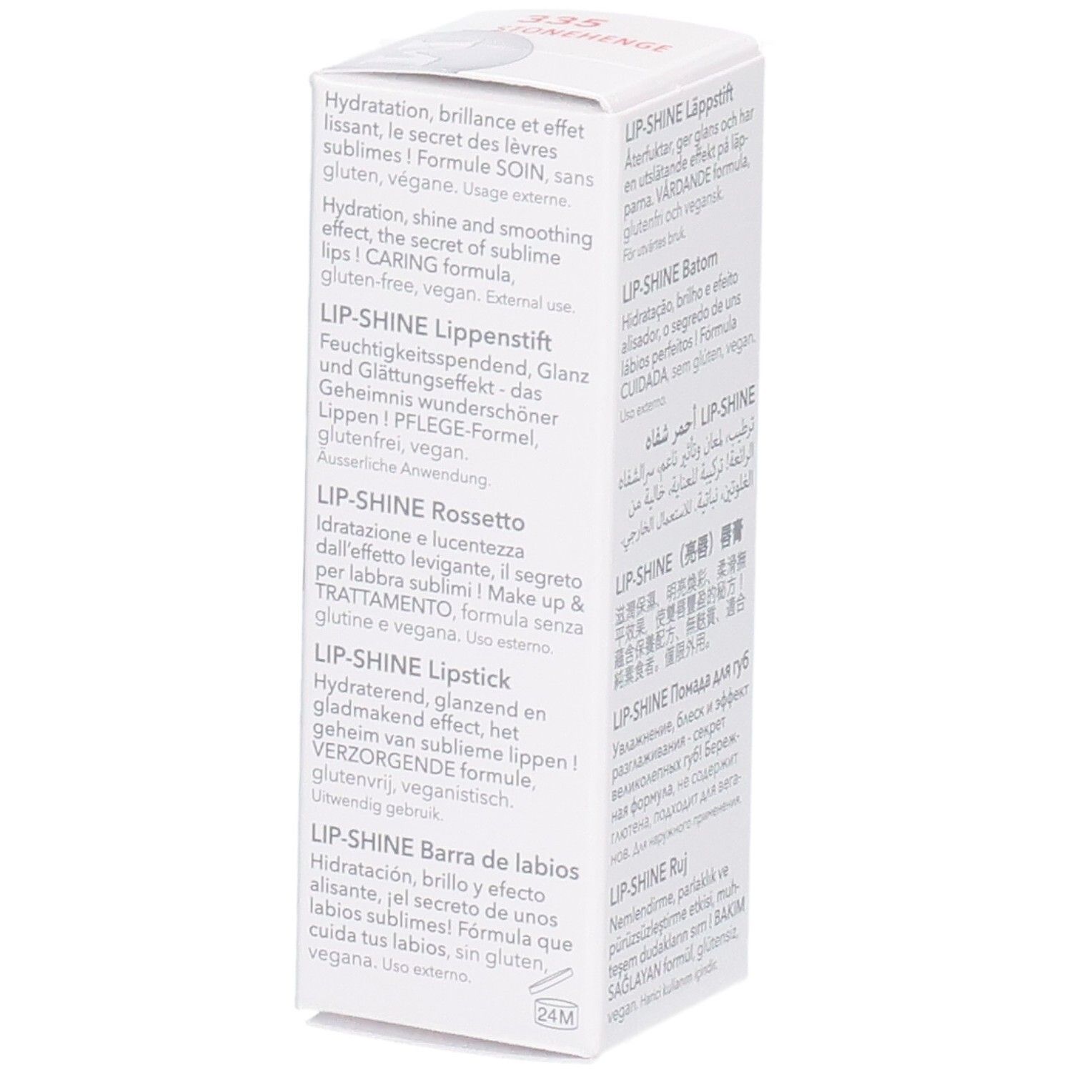 Vue latérale de l'emballage Mavala Lip-Shine avec descriptions produit multilingues. 4g.