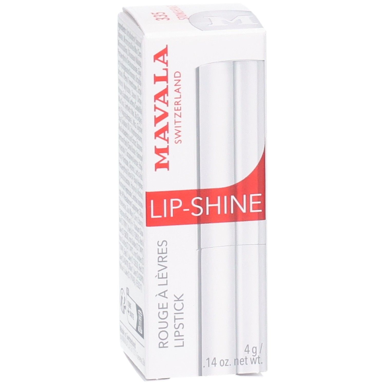 Mavala Lip-Shine Rouge à Lèvres en emballage blanc avec accent rouge. 4g.
