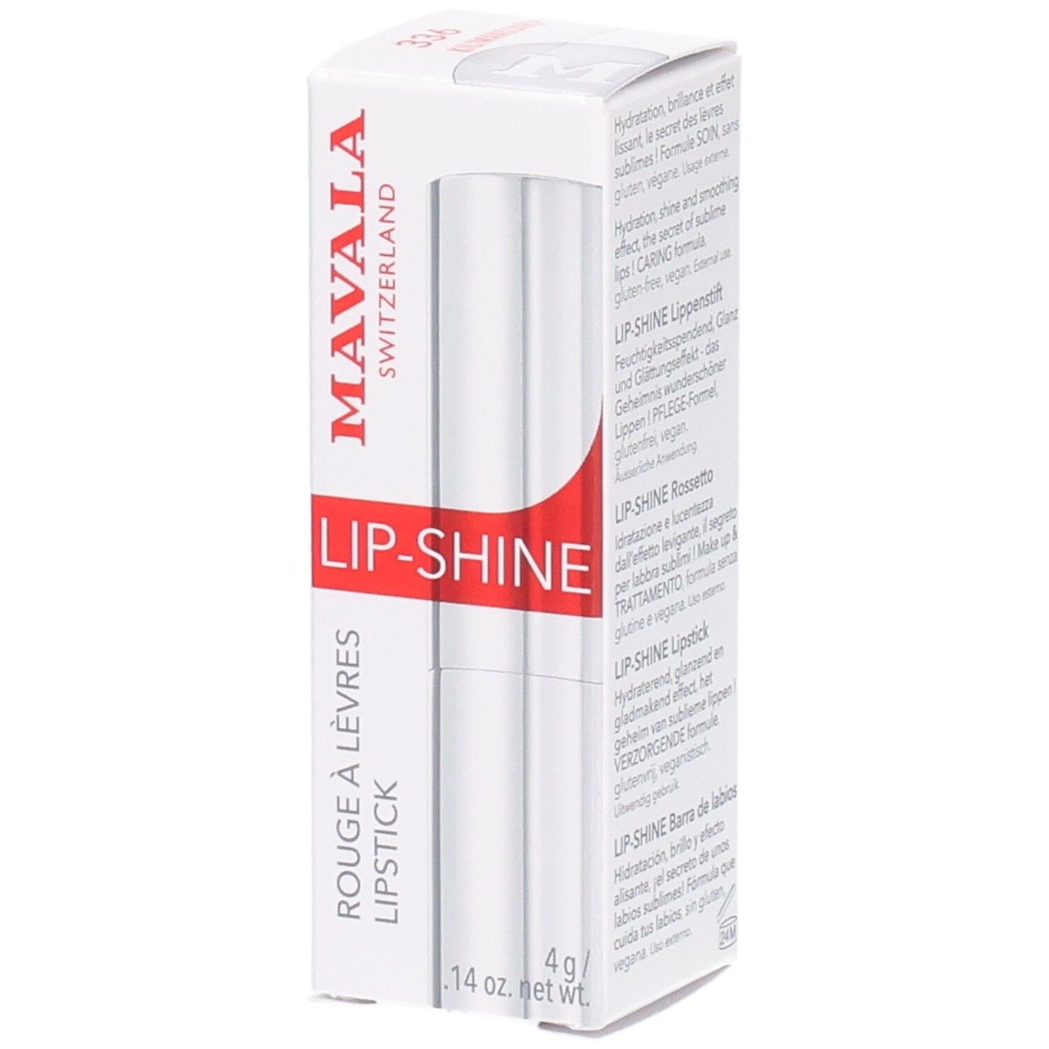 Mavala Lip-Shine Rouge à Lèvres dans son emballage blanc avec accent rouge. 4g.