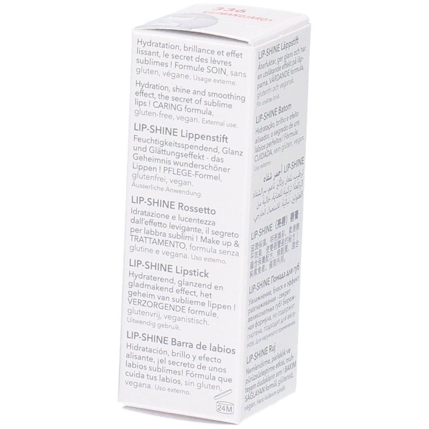 Vue latérale de l'emballage Mavala Lip-Shine avec descriptions produit en plusieurs langues. 4g.