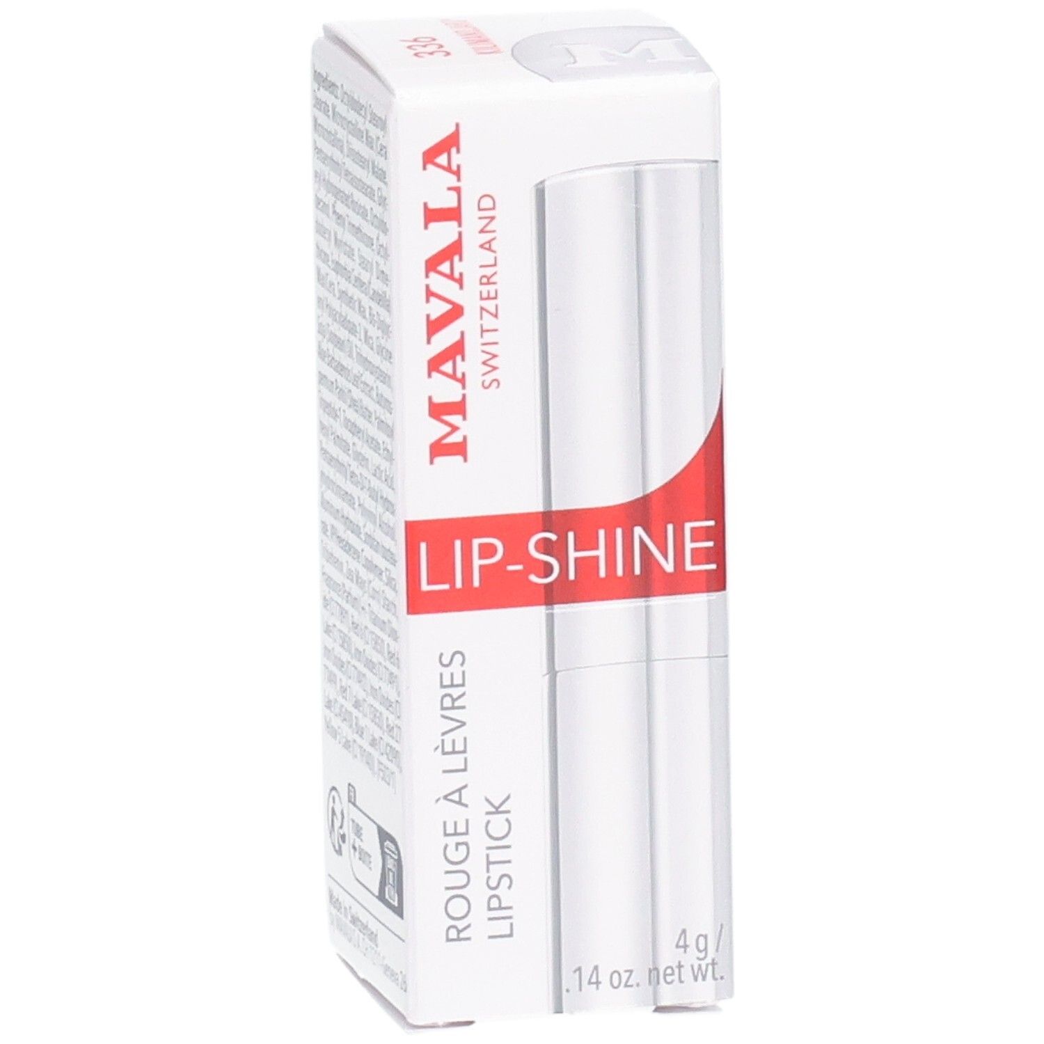 Mavala Lip-Shine Rouge à Lèvres dans son emballage blanc avec accent rouge. 4g.