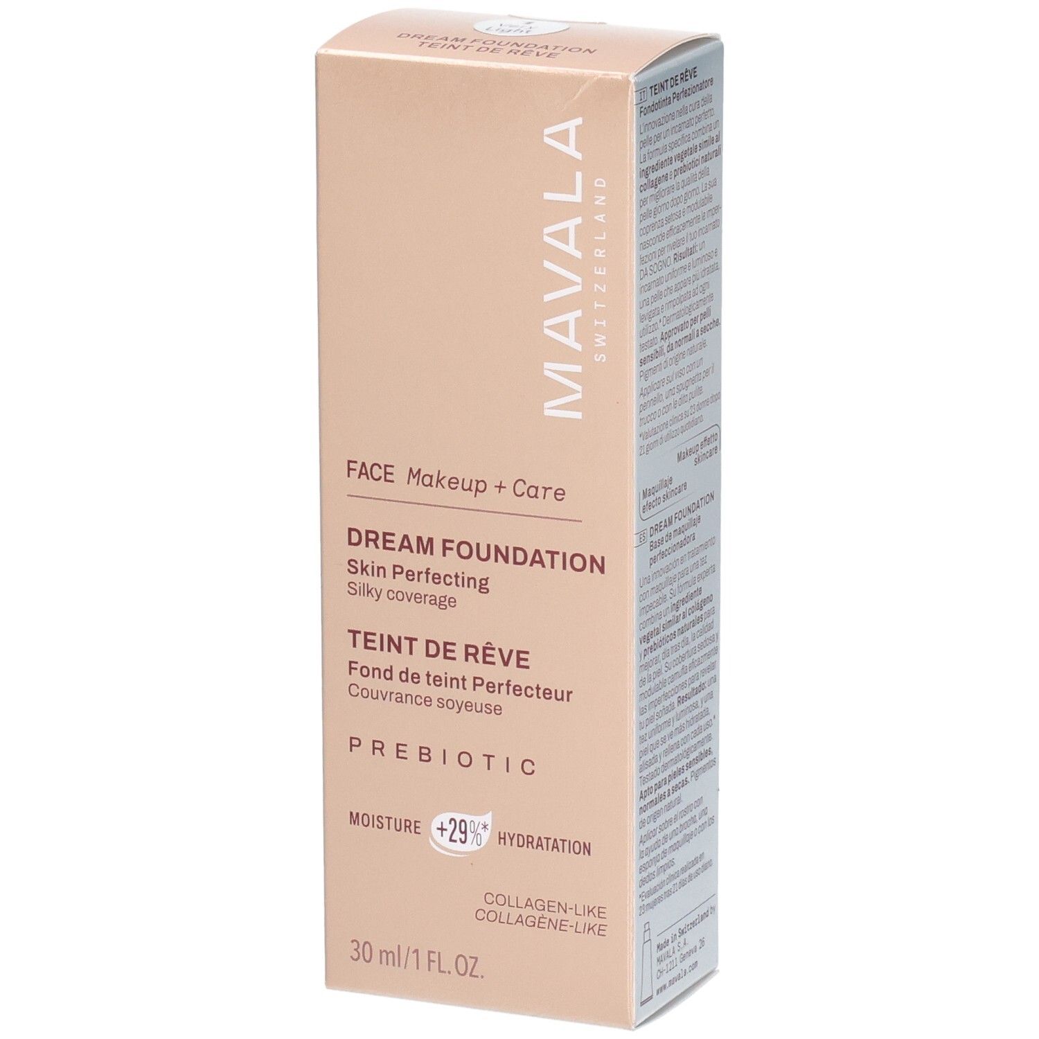 Boîte Mavala Dream Foundation, 30 ml. Avec prébiotiques et formule hydratante.