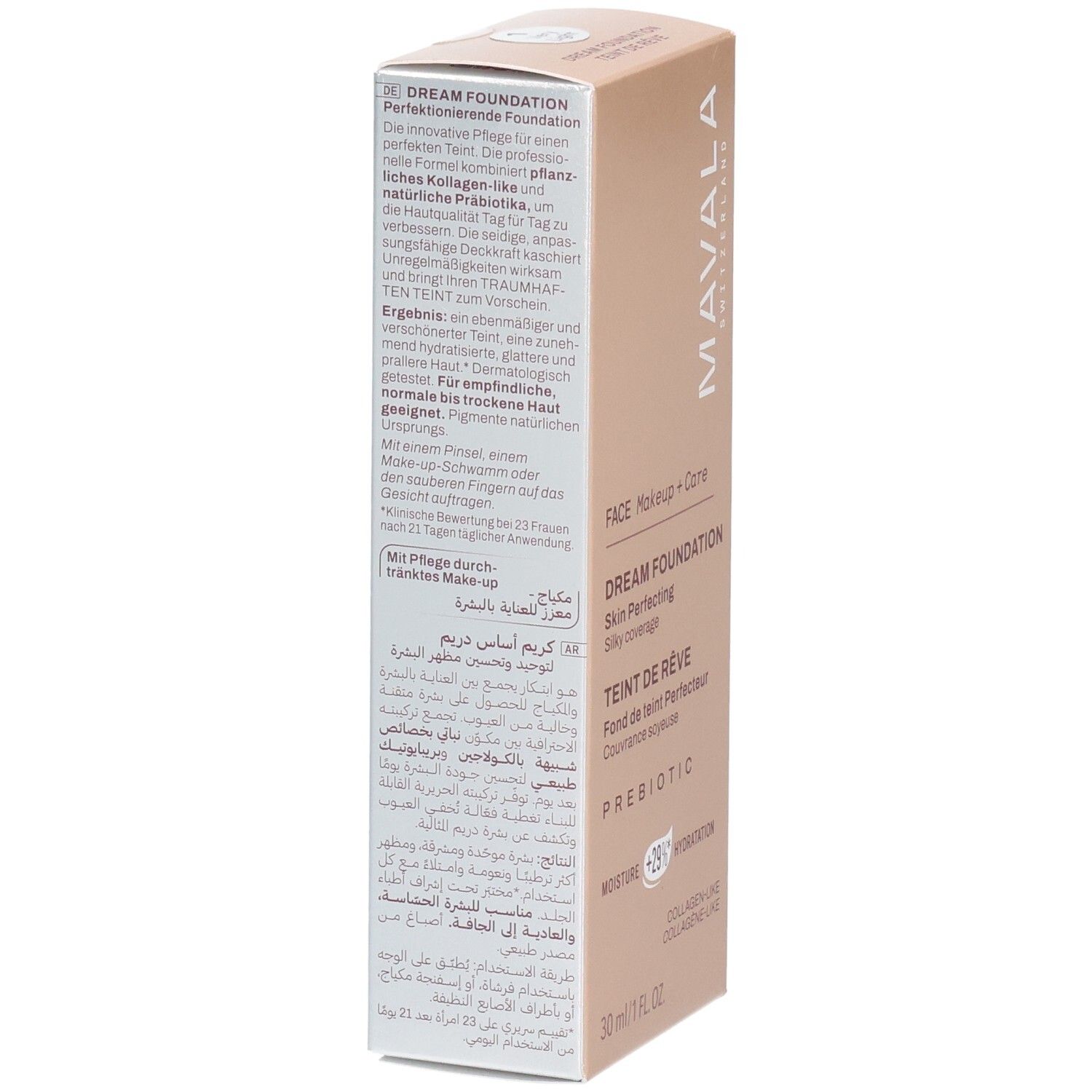 Boîte Mavala Dream Foundation, verso avec informations produit et ingrédients.