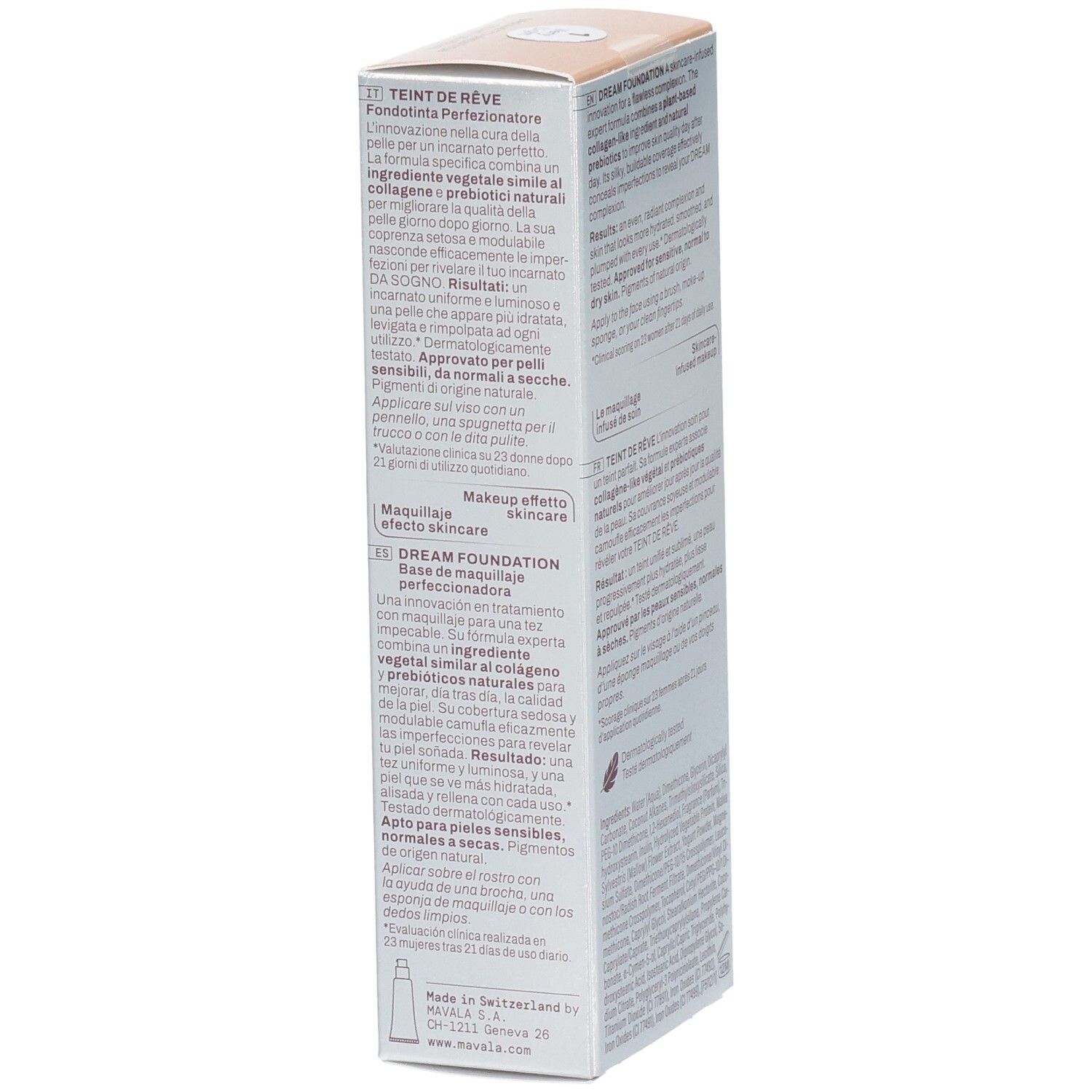 Boîte Mavala Dream Foundation, côté avec description produit en italien et français.