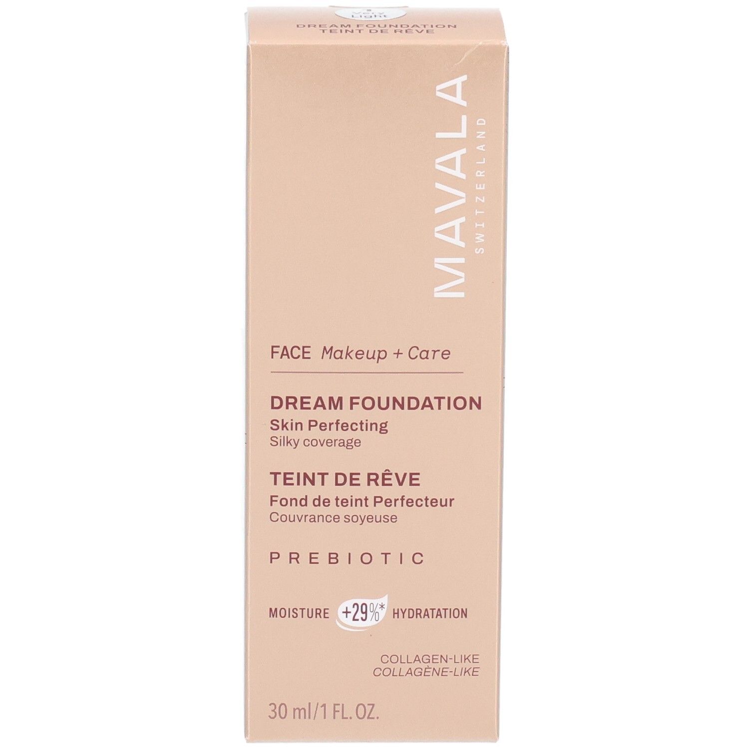 Boîte Mavala Dream Foundation, 30 ml. Avec prébiotiques et formule hydratante.