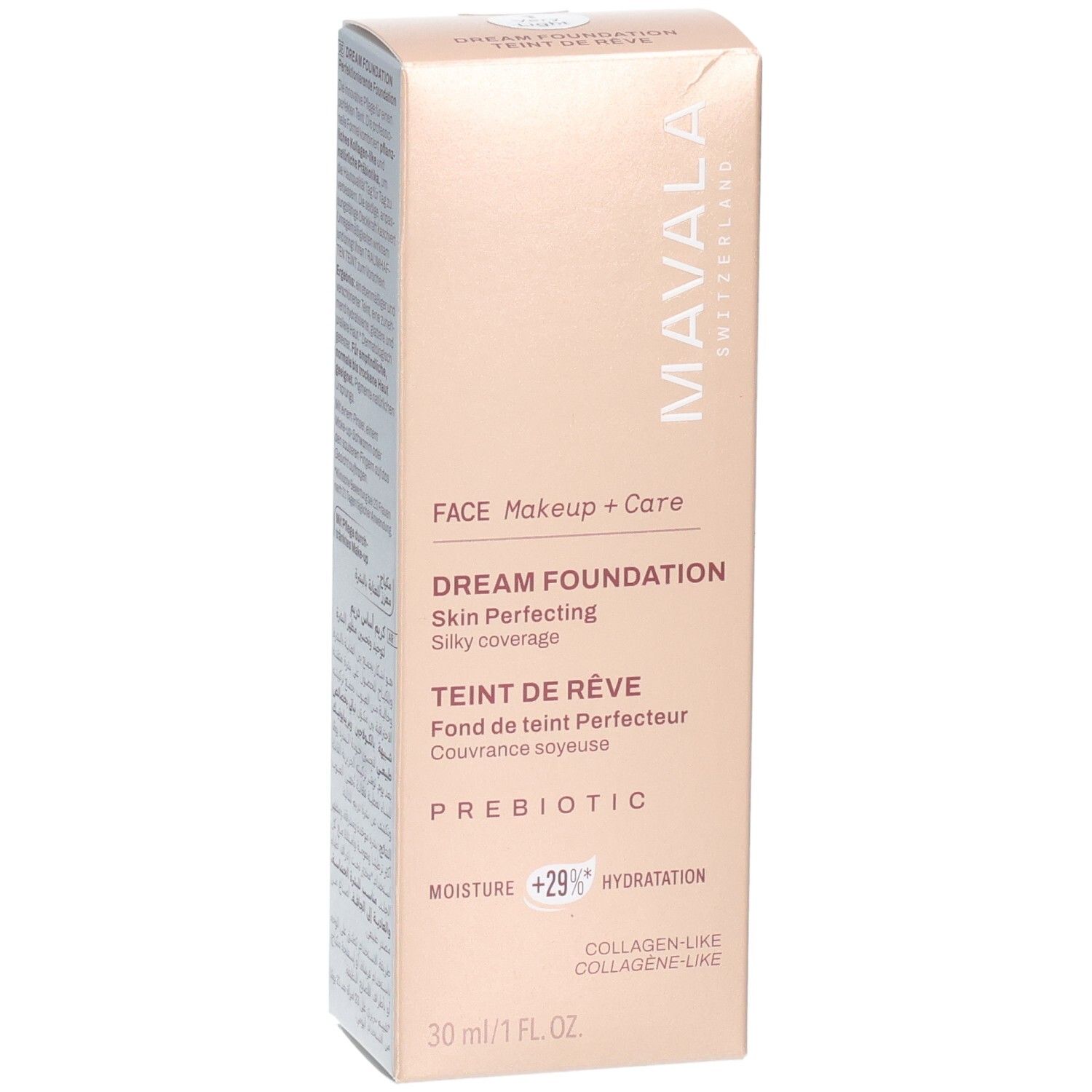 Boîte Mavala Dream Foundation, 30 ml. Avec prébiotiques et formule hydratante.