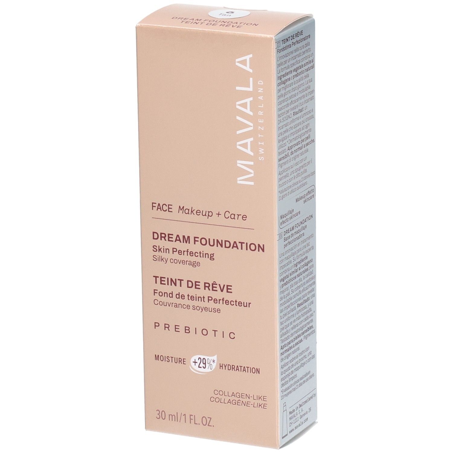 Boîte Mavala Dream Foundation, 30 ml. Avec prébiotiques et hydratation.