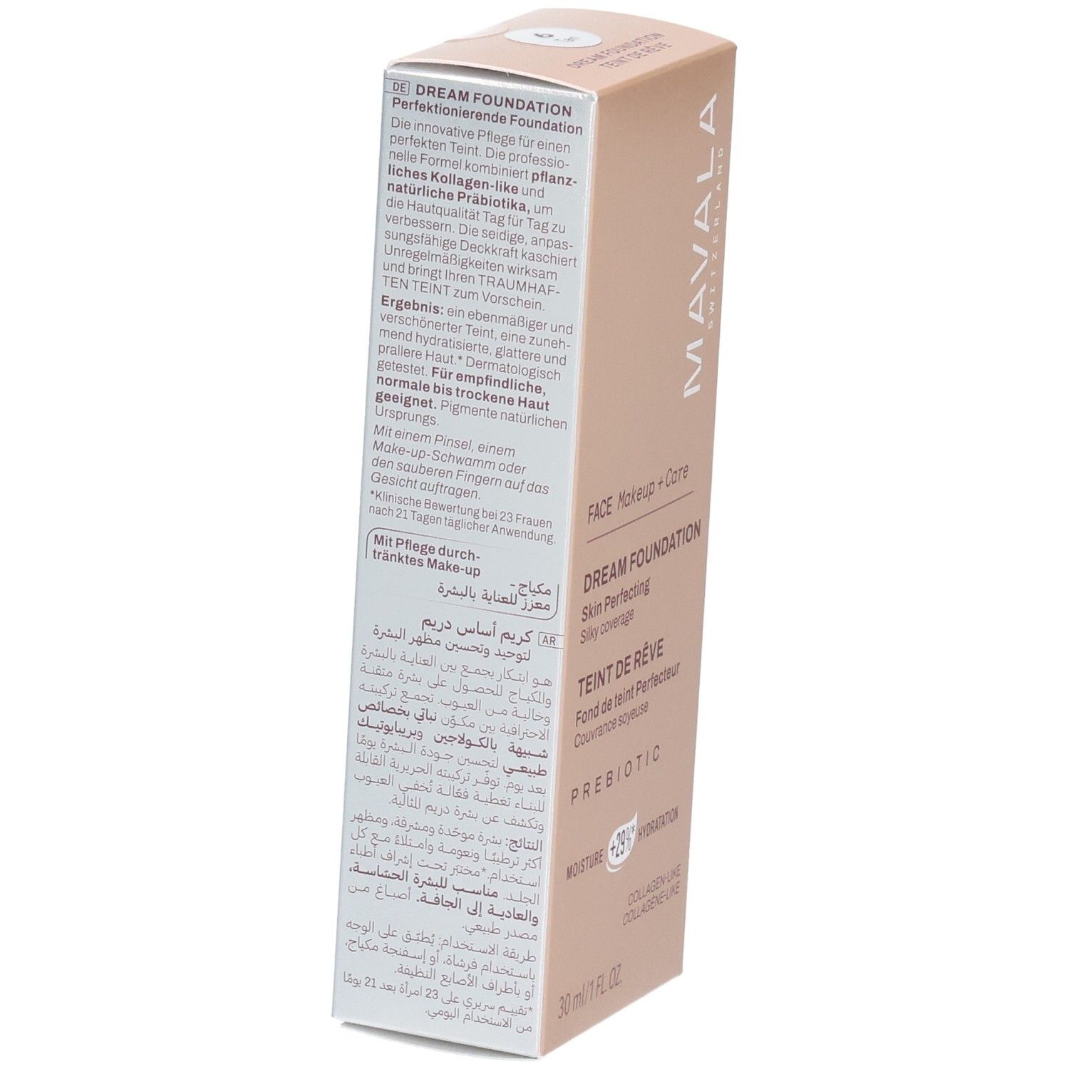 Boîte Mavala Dream Foundation, verso avec informations produit et ingrédients.