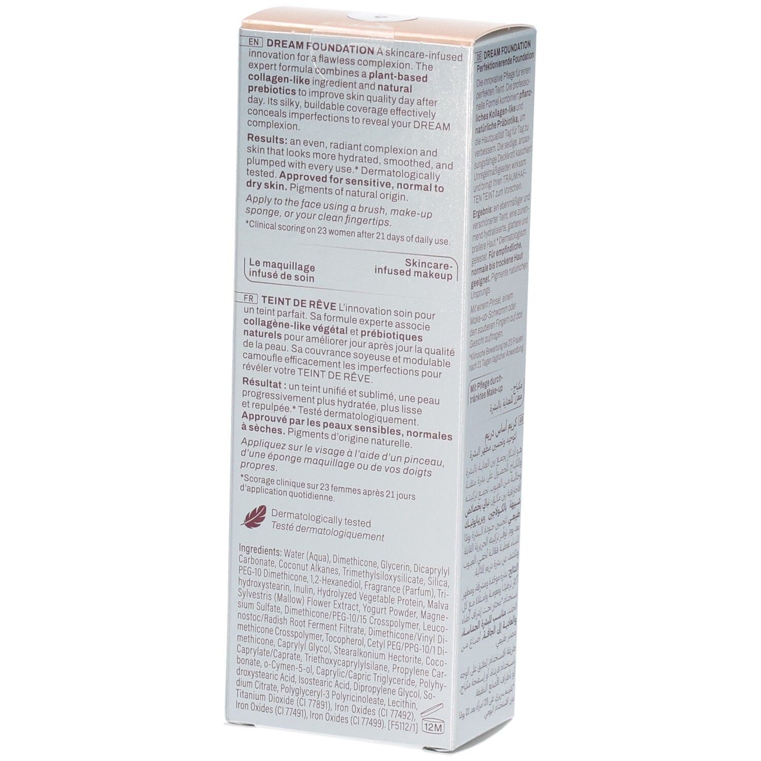 Boîte Mavala Dream Foundation, côté avec description: Skin Perfecting, Couvrance soyeuse.