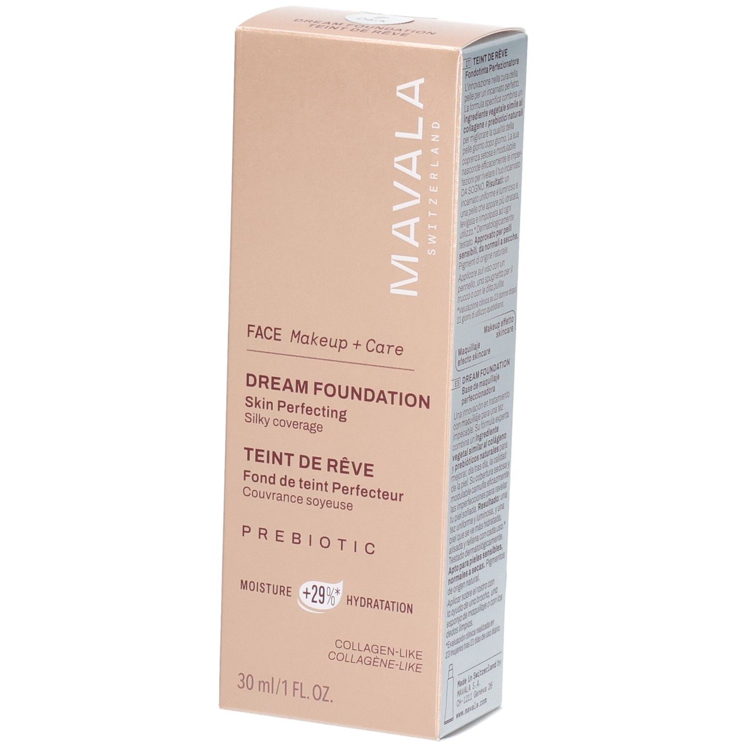 Carton Mavala Teint de Rêve Foundation, 30 ml. Contient hydratation et prébiotiques.