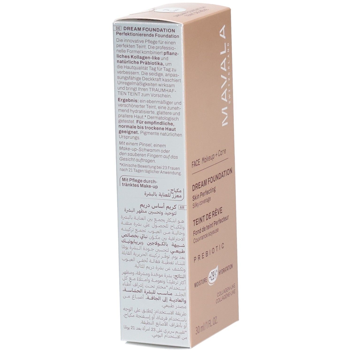 Carton Mavala Teint de Rêve Foundation, verso avec instructions d'application.