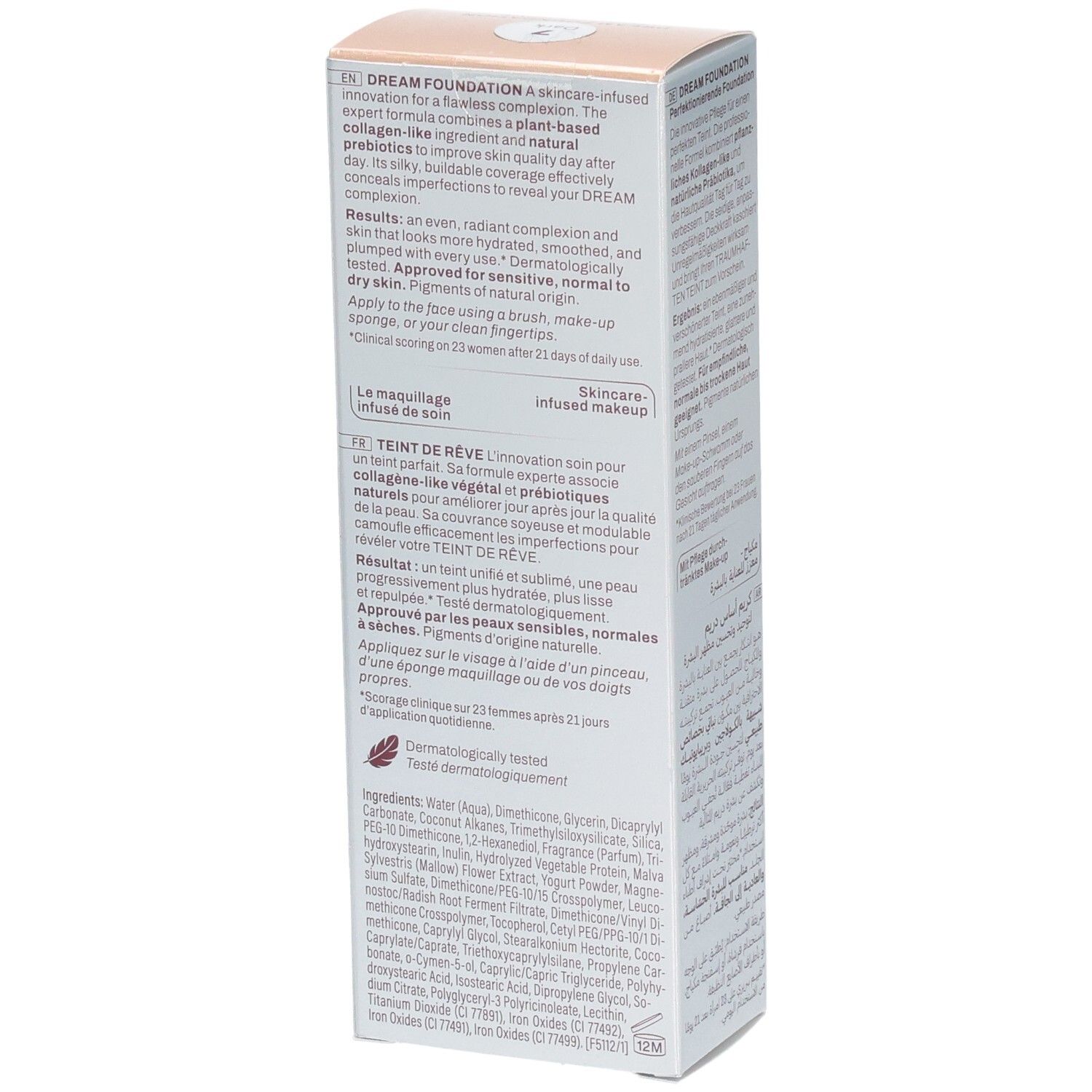 Carton Mavala Teint de Rêve Foundation, côté avec informations produit et ingrédients.