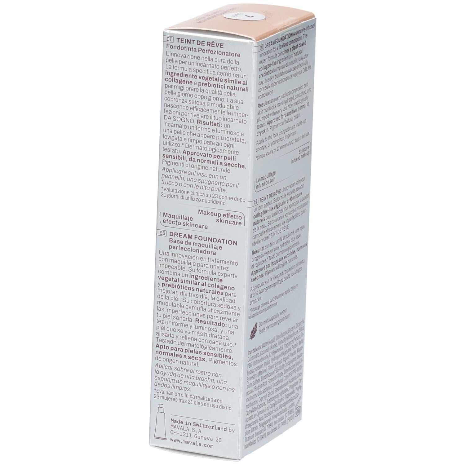 Carton Mavala Teint de Rêve Foundation, côté avec description produit en italien et espagnol.