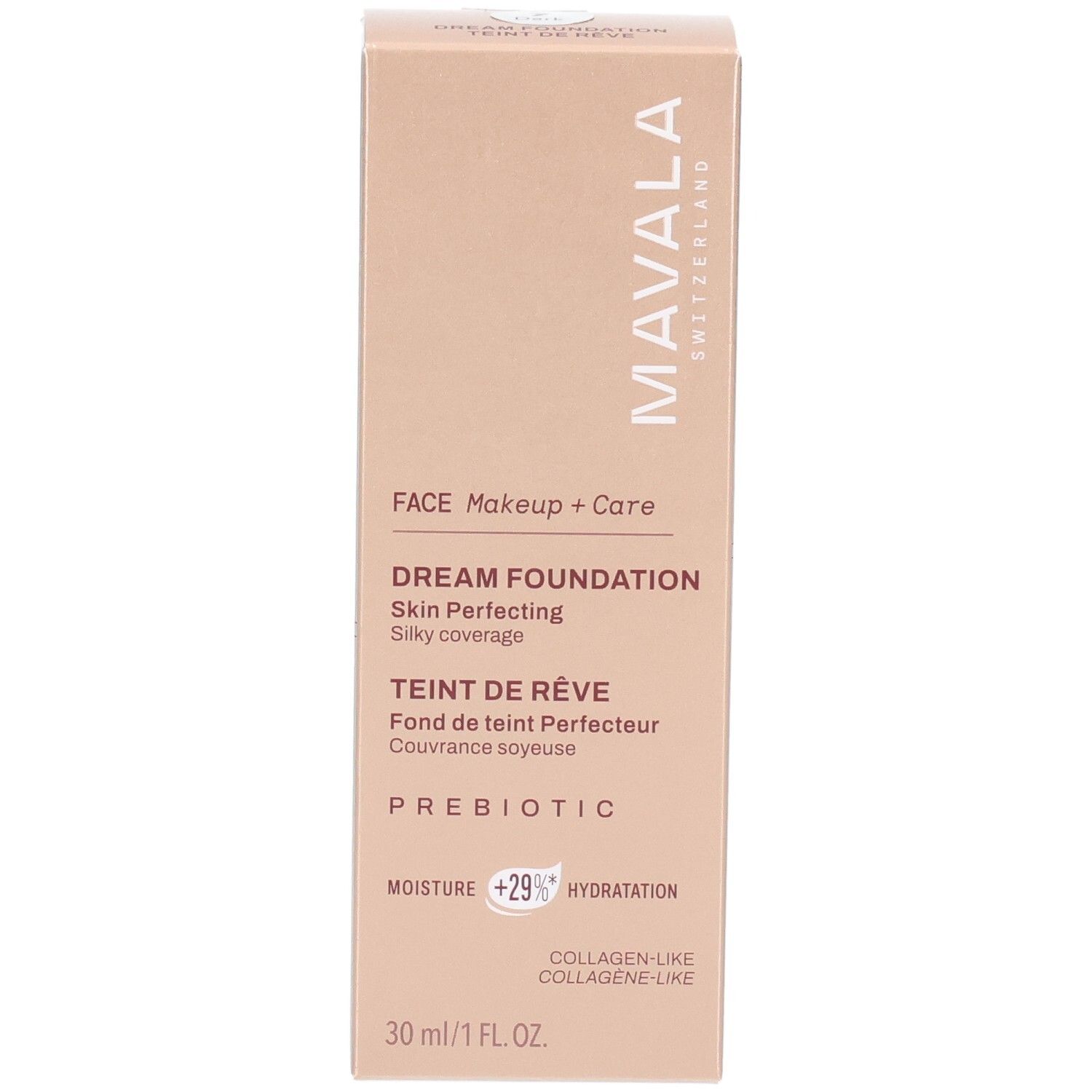 Carton Mavala Teint de Rêve Foundation, face avant avec nom du produit et détails.