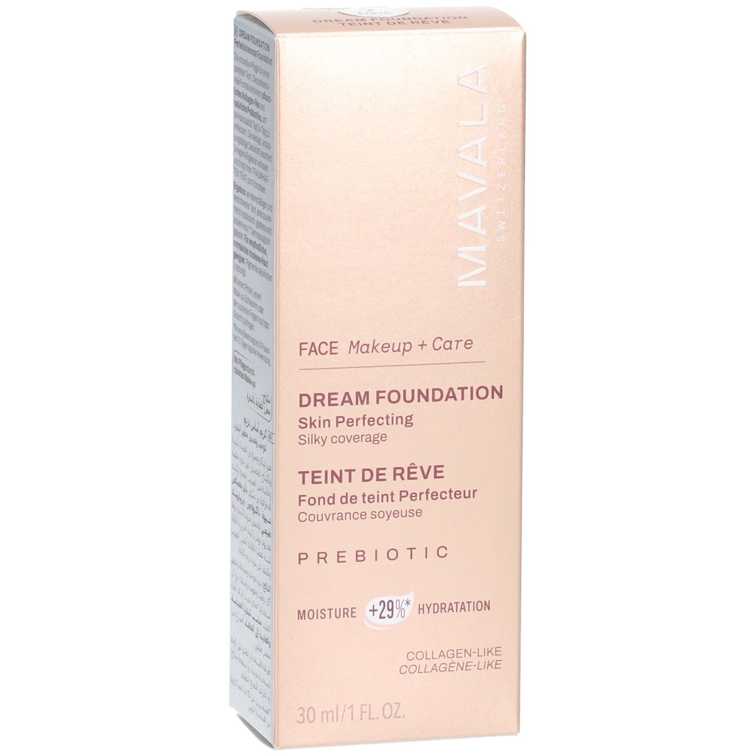 Carton Mavala Teint de Rêve Foundation, 30 ml. Contient hydratation et prébiotiques.