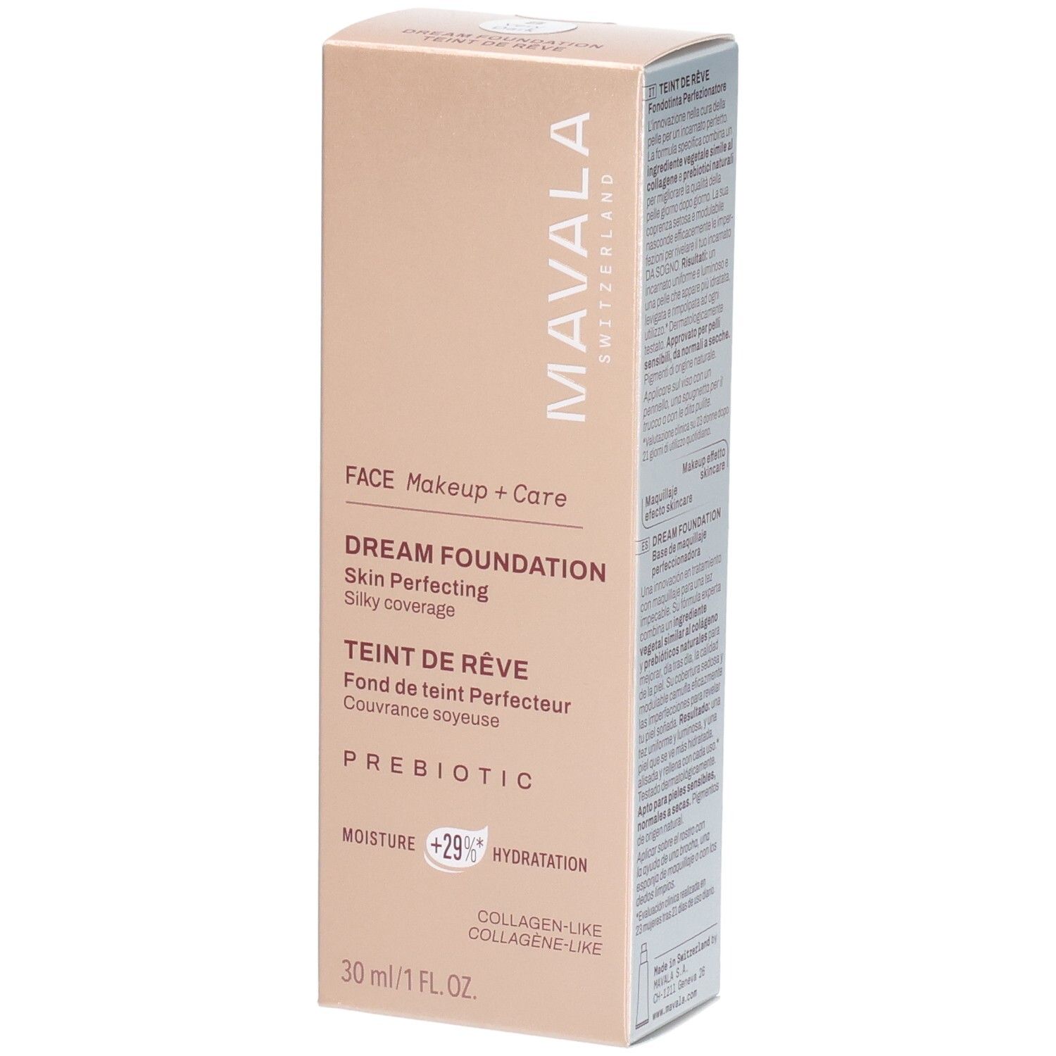 Boîte Mavala Dream Foundation, 30 ml. Teinte "Very Dark". Avec Prébiotique et effet collagène.