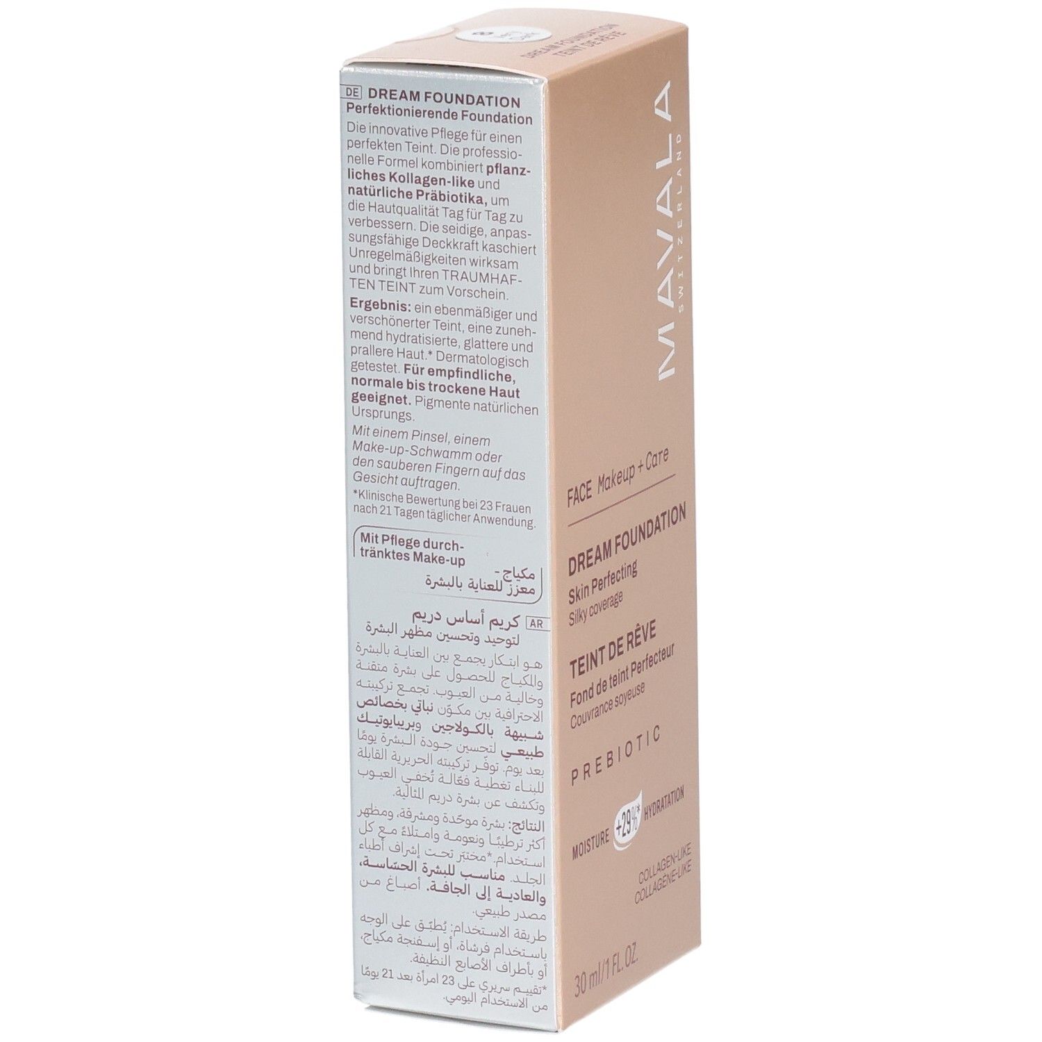 Boîte Mavala Dream Foundation, 30 ml. Dos avec informations produit et liste des ingrédients.