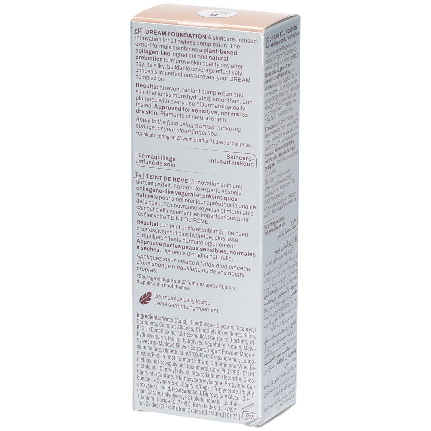 Boîte Mavala Dream Foundation, 30 ml. Côté avec descriptions produit en anglais et français.