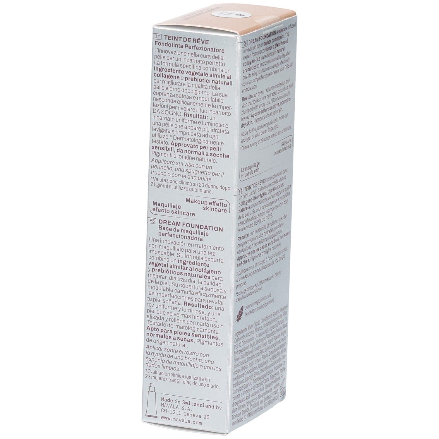 Boîte Mavala Dream Foundation, 30 ml. Côté avec descriptions produit en italien et espagnol.