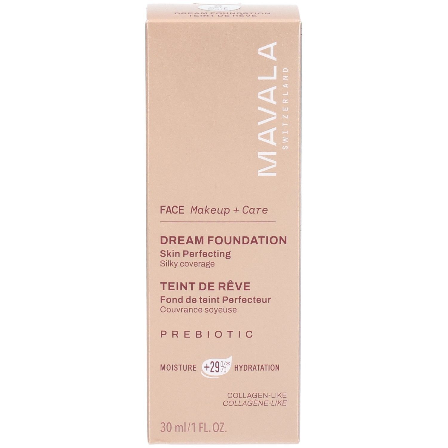 Boîte Mavala Dream Foundation, 30 ml. Teinte "Very Dark". Avec Prébiotique et effet collagène.