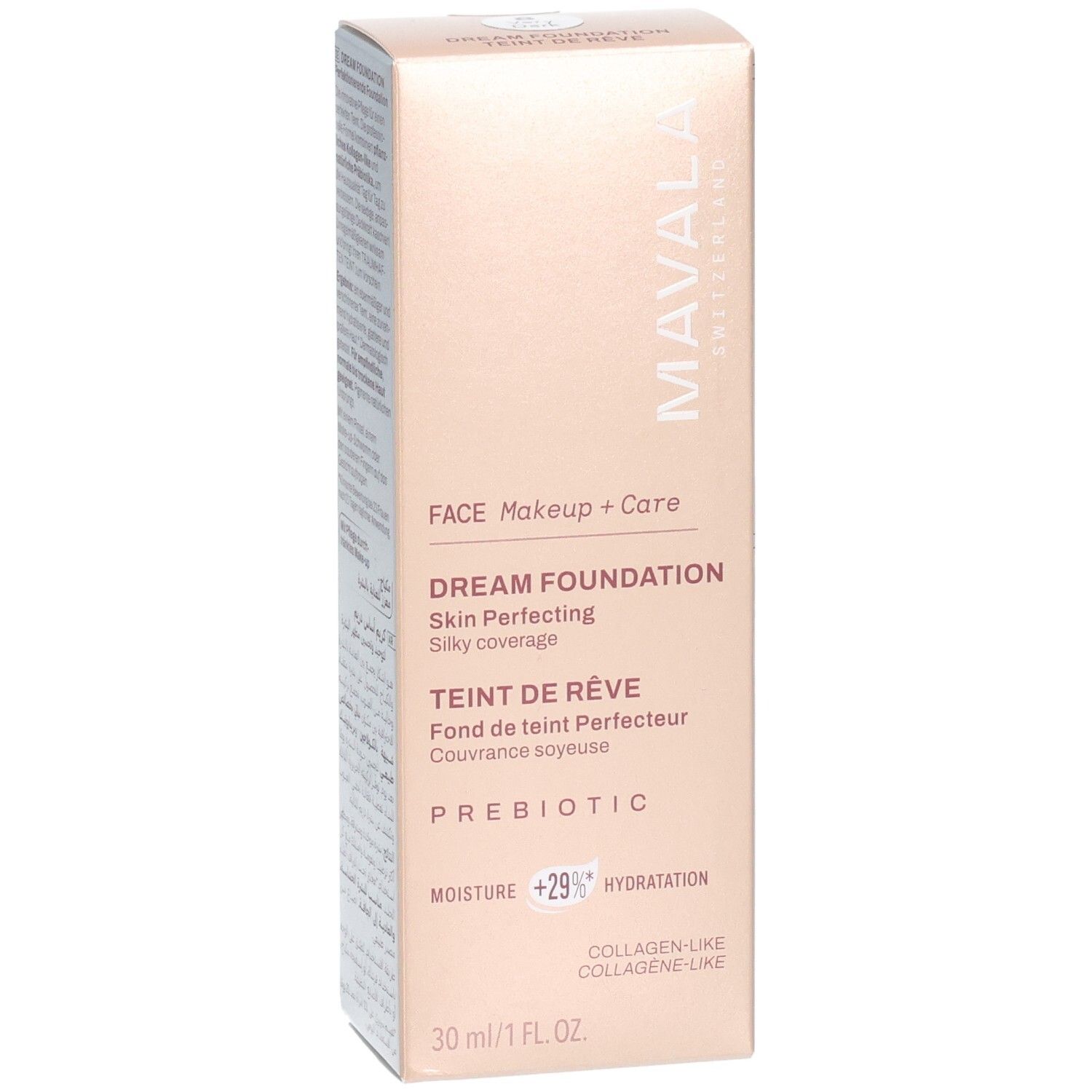 Boîte Mavala Dream Foundation, 30 ml. Teinte "Very Dark". Avec Prébiotique et effet collagène.