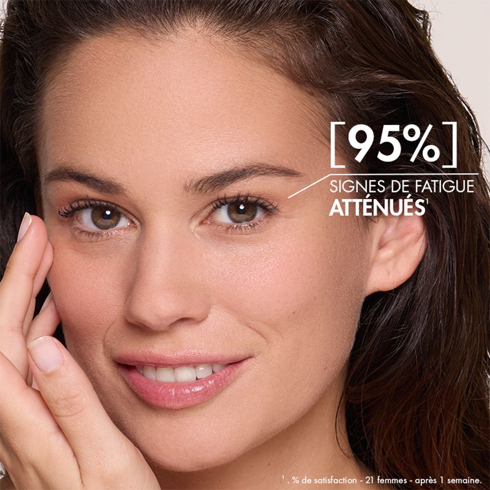 Visage d'une femme avec indication : 95% de signes de fatigue en moins.