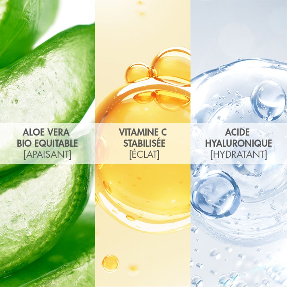 Représentation des ingrédients clés : Aloe Vera, Vitamine C stabilisée, Acide hyaluronique.