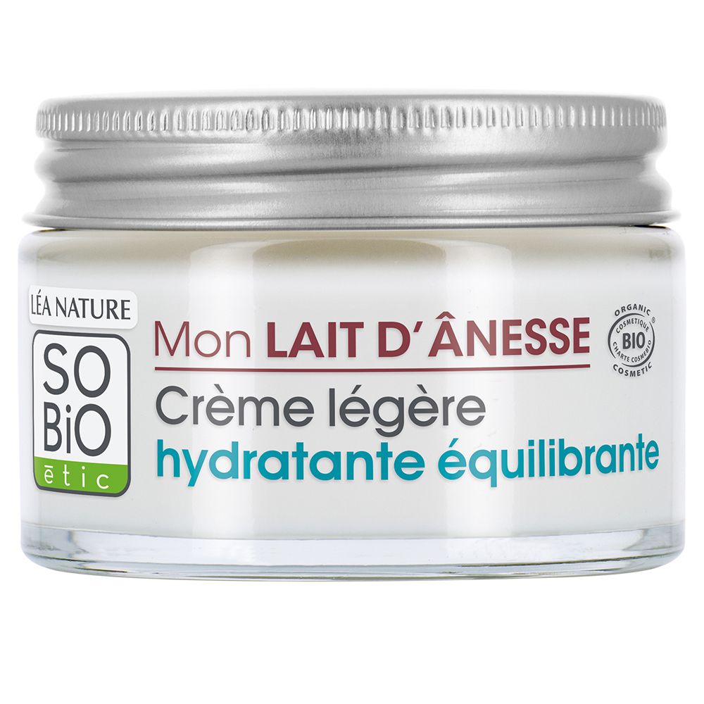 Crème légère hydratante équilibrante So Bio Etic dans un pot en verre avec un couvercle argenté.