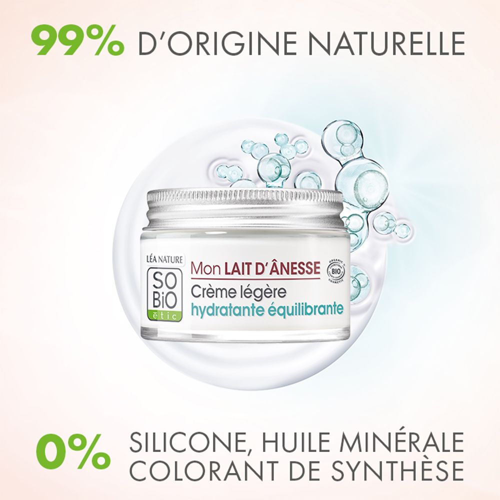 Crème légère équilibrante So Bio Etic dans un pot en verre, entourée de structures moléculaires.
