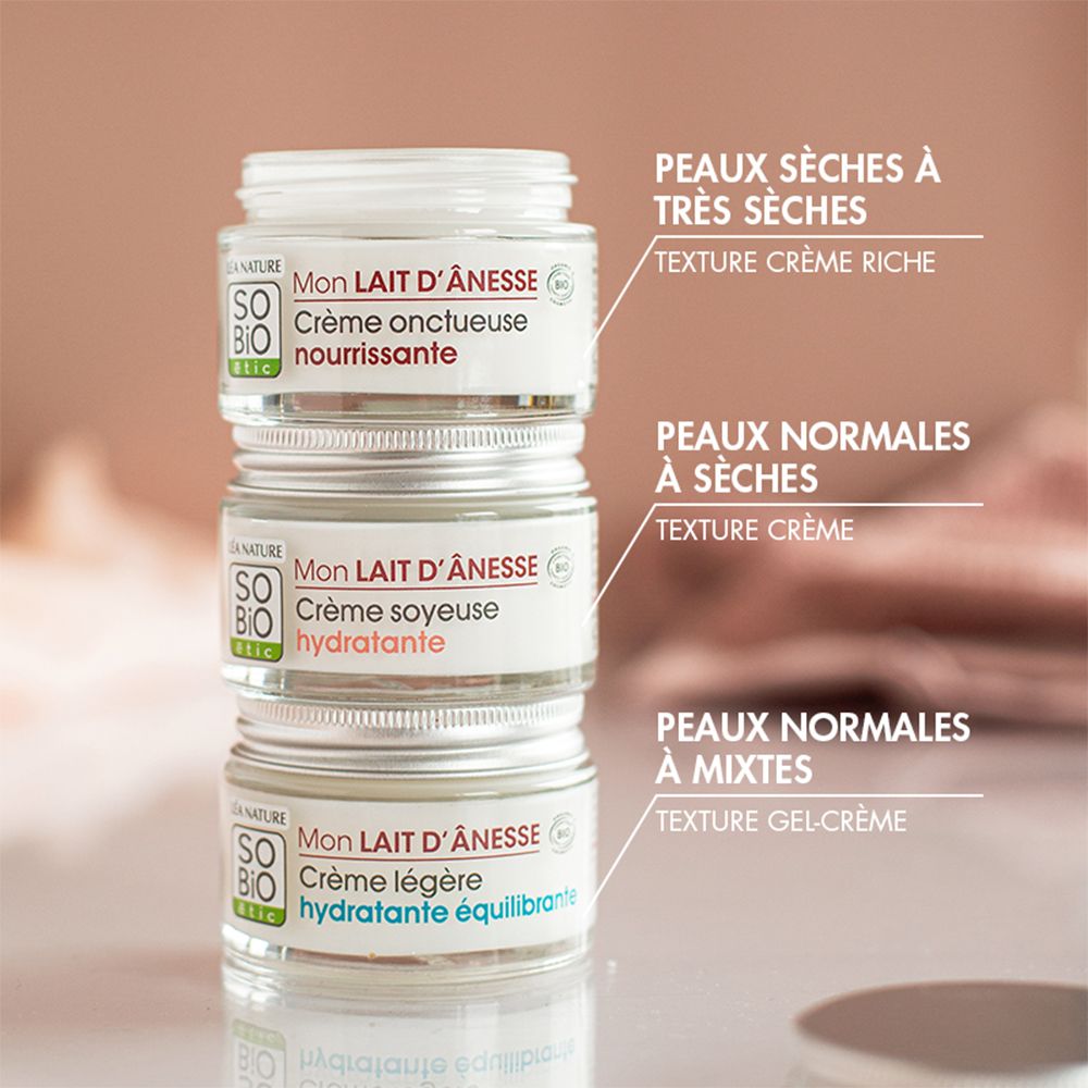 Trois pots de crème So Bio Etic empilés pour différents types de peau.