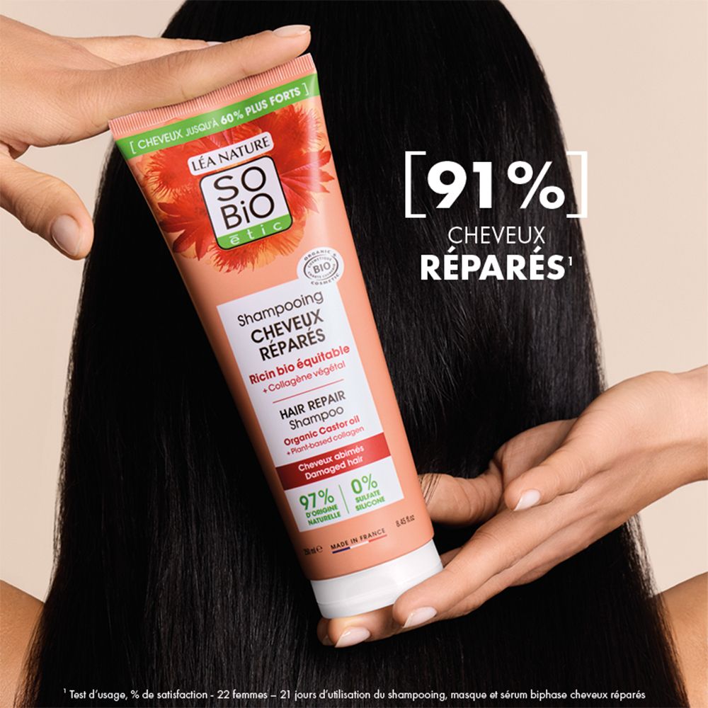Léa Nature So Bio Etic Shampooing Réparateur Cheveux en utilisation, 91% cheveux réparés. Ricin Bio et Collagène Végétal.