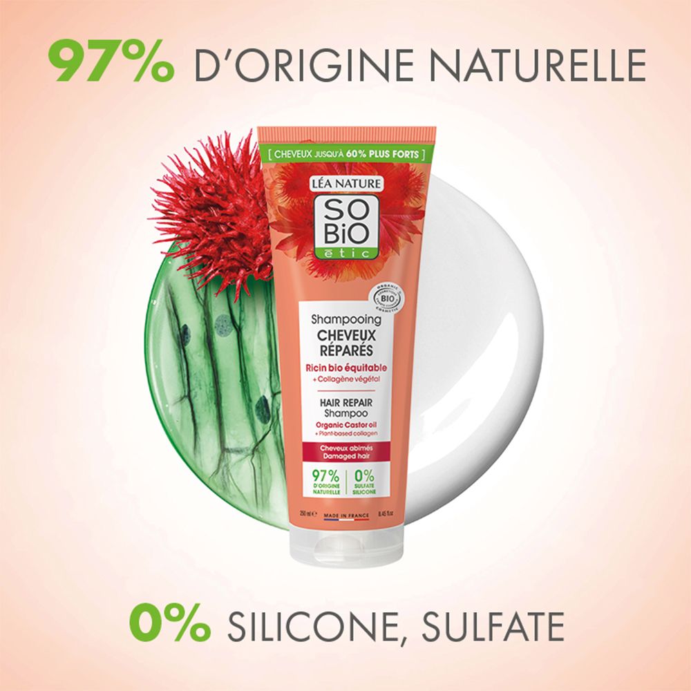 Léa Nature So Bio Etic Shampooing Réparateur Cheveux: 97% d'origine naturelle, 0% silicone/sulfate. Ricin Bio.
