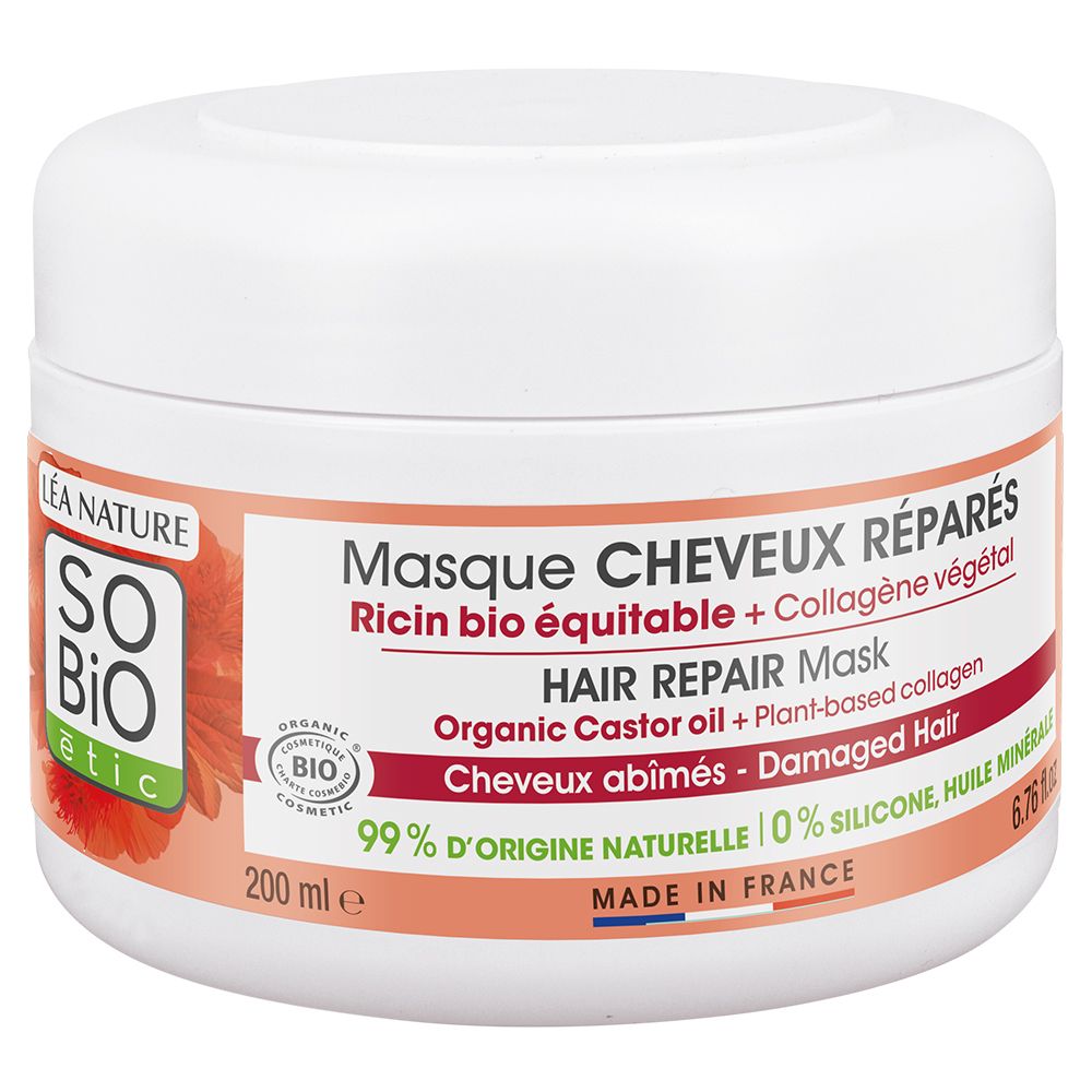 Pot blanc avec étiquette orange pour masque capillaire, 200 ml.