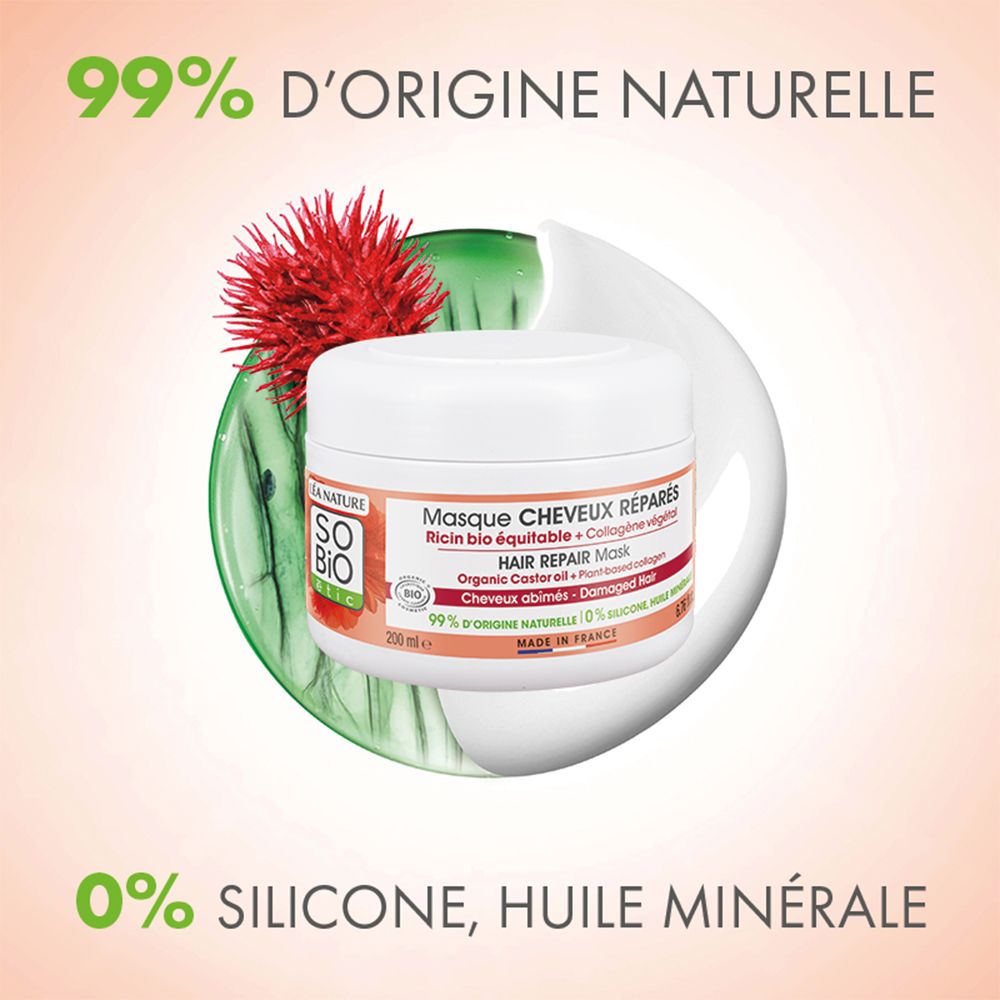 Pot de masque capillaire dans un cercle avec motifs végétaux et texte sur 99% d'ingrédients naturels.