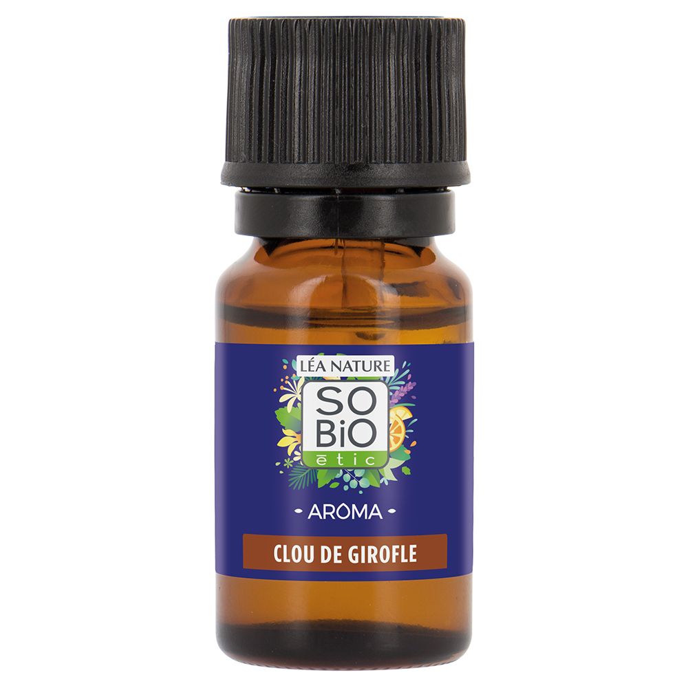 Flacon en verre brun avec bouchon noir, étiquette "SO BIO etic" et "CLOU DE GIROFLE".