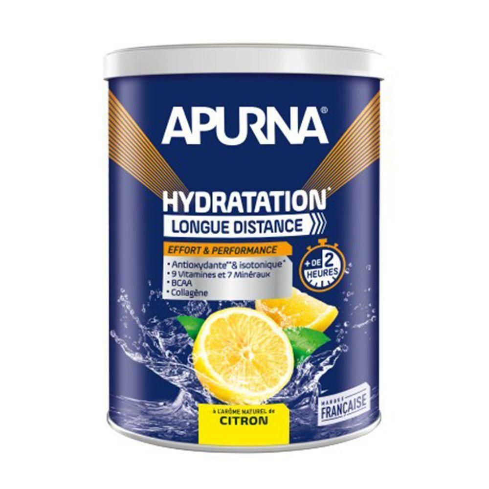 Boîte bleue avec couvercle blanc. Inscription APURNA, HYDRATATION LONGUE DISTANCE. Citron et eau représentés. Marque française.