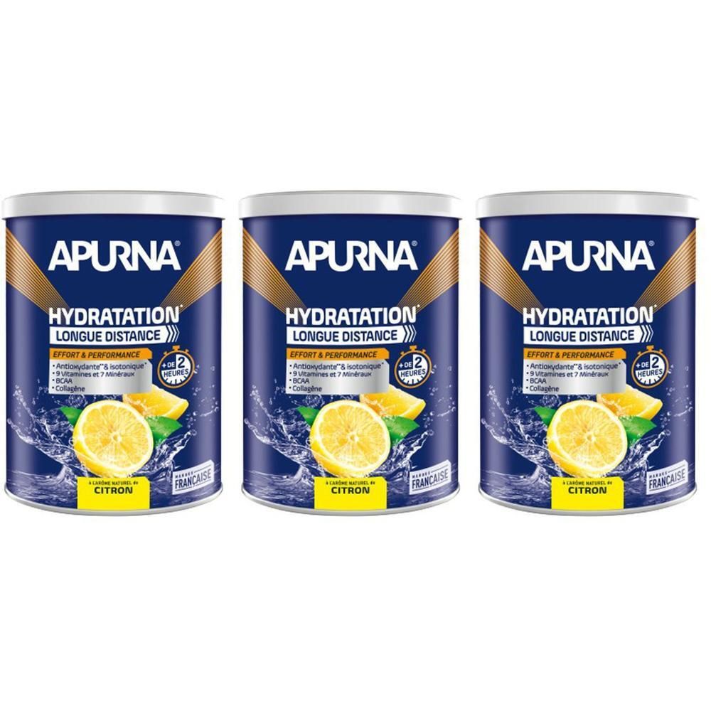 Trois boîtes APURNA HYDRATATION. Boîtes bleues avec motif citron jaune. Inscription : HYDRATATION LONGUE DISTANCE, CITRON, FRANCAISE.