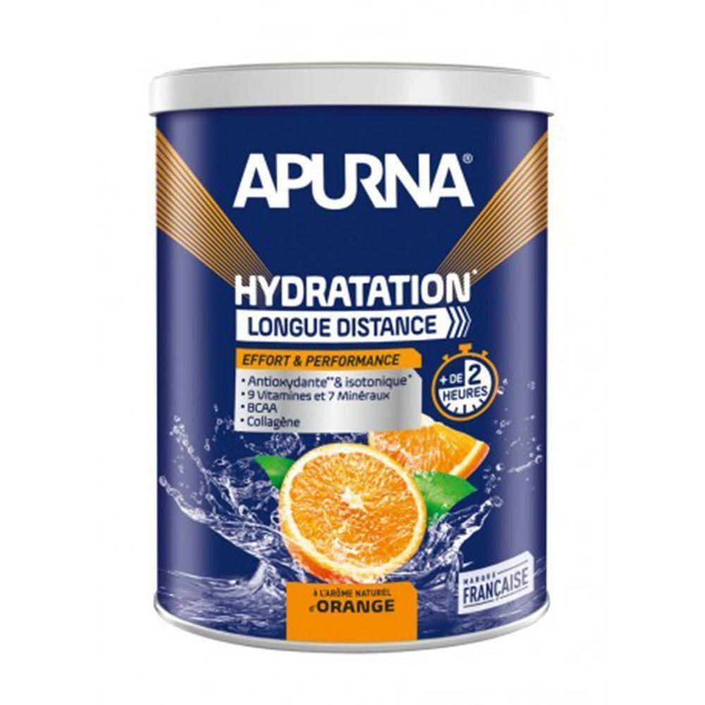 Boîte bleue avec couvercle blanc. Inscription APURNA, HYDRATATION, ORANGE. Illustration d'une orange. Drapeau français.