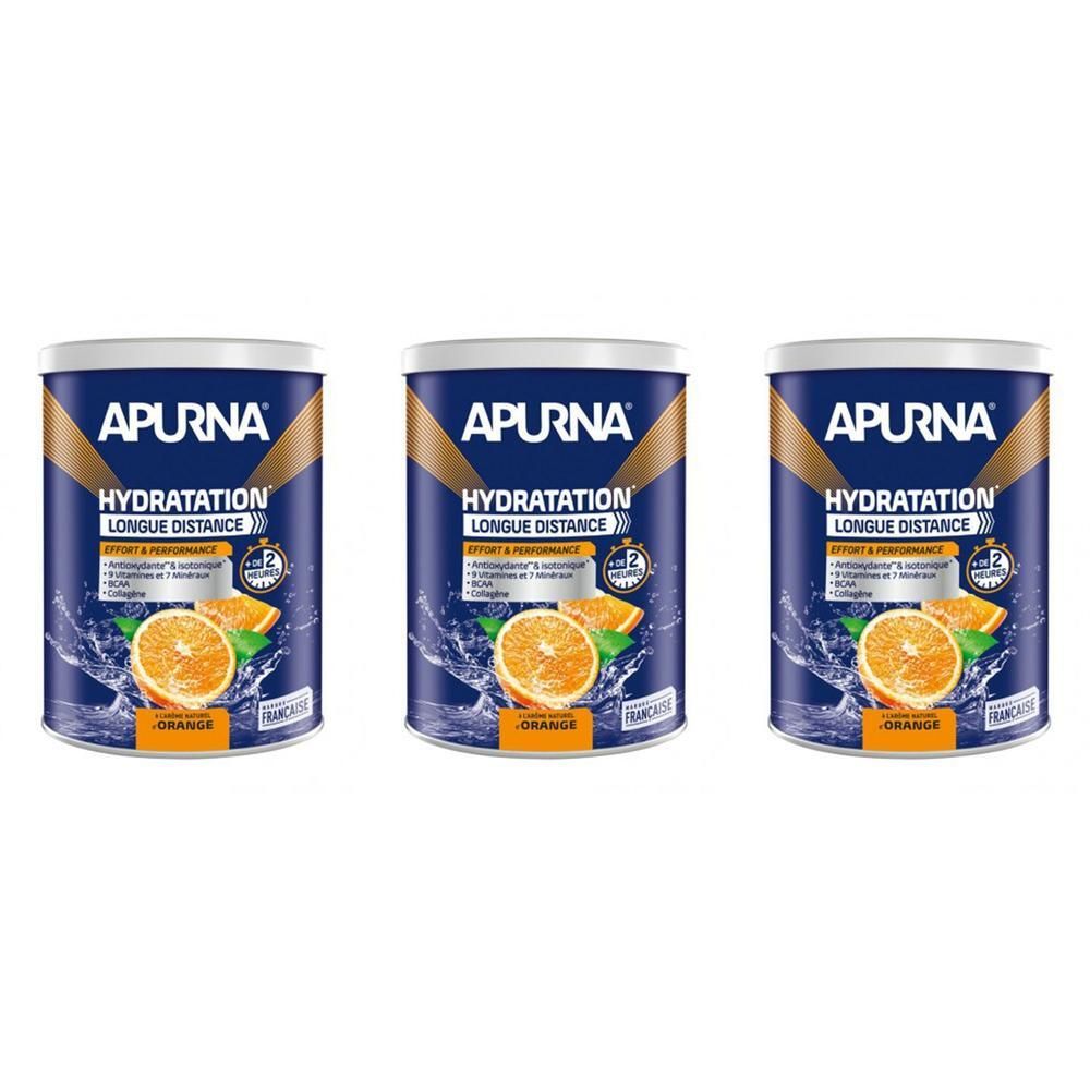 Trois boîtes APURNA bleues avec texte et orange. Inscription: HYDRATATION LONGUE DISTANCE. Saveur orange.