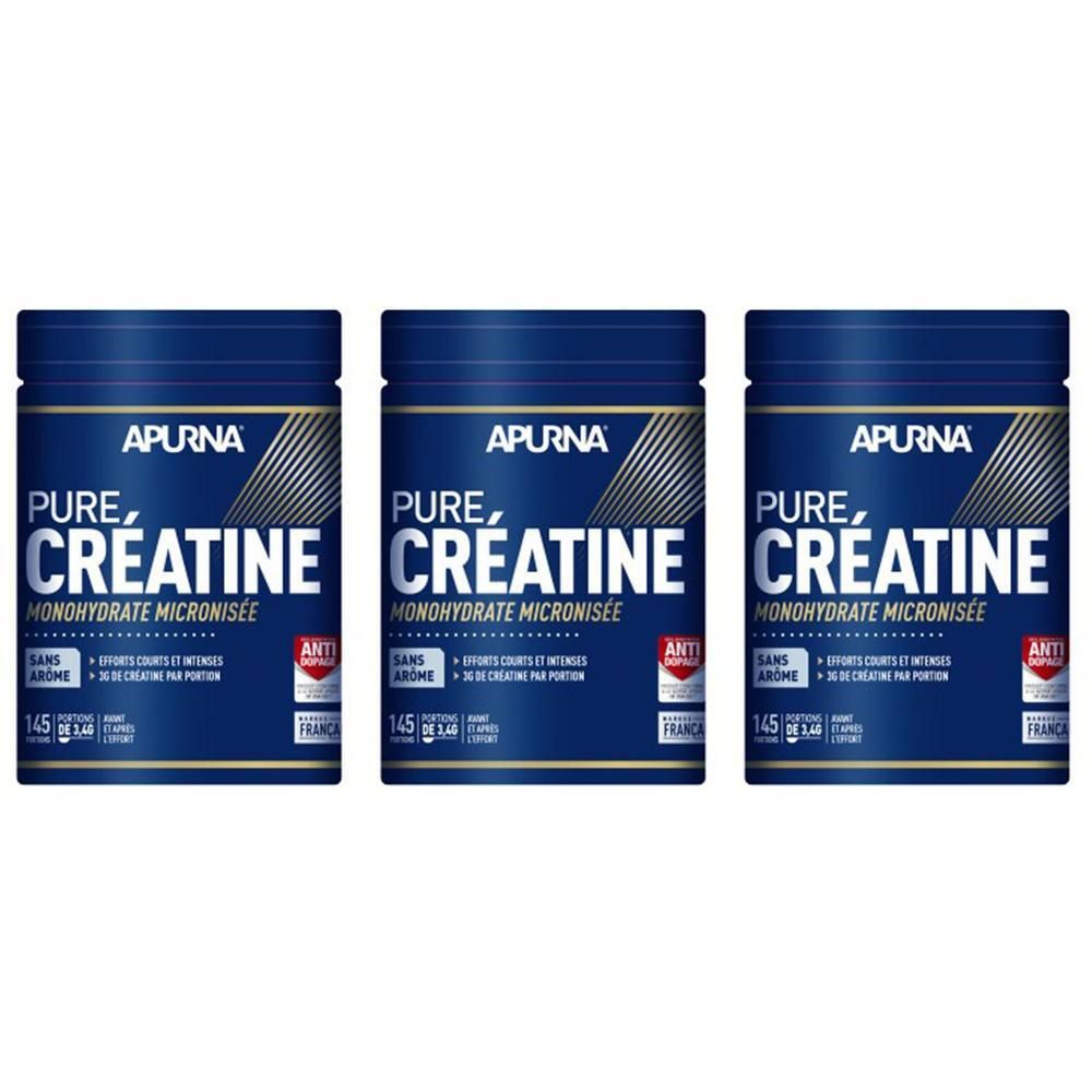 Trois boîtes bleues avec texte blanc. Inscription : APURNA, PURE, CREATINE, MONOHYDRATE MICRONISÉE. Avec sceau anti-dopage rouge.