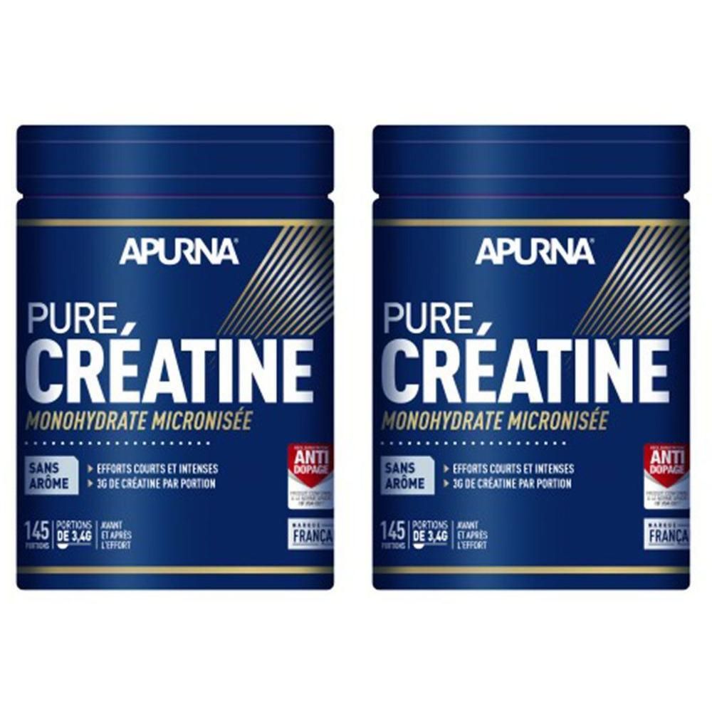 Deux boîtes bleues avec texte blanc. Inscription : APURNA, PURE CREATINE, MONOHYDRATE MICRONISÉE. Avec sceau anti-dopage et origine France.