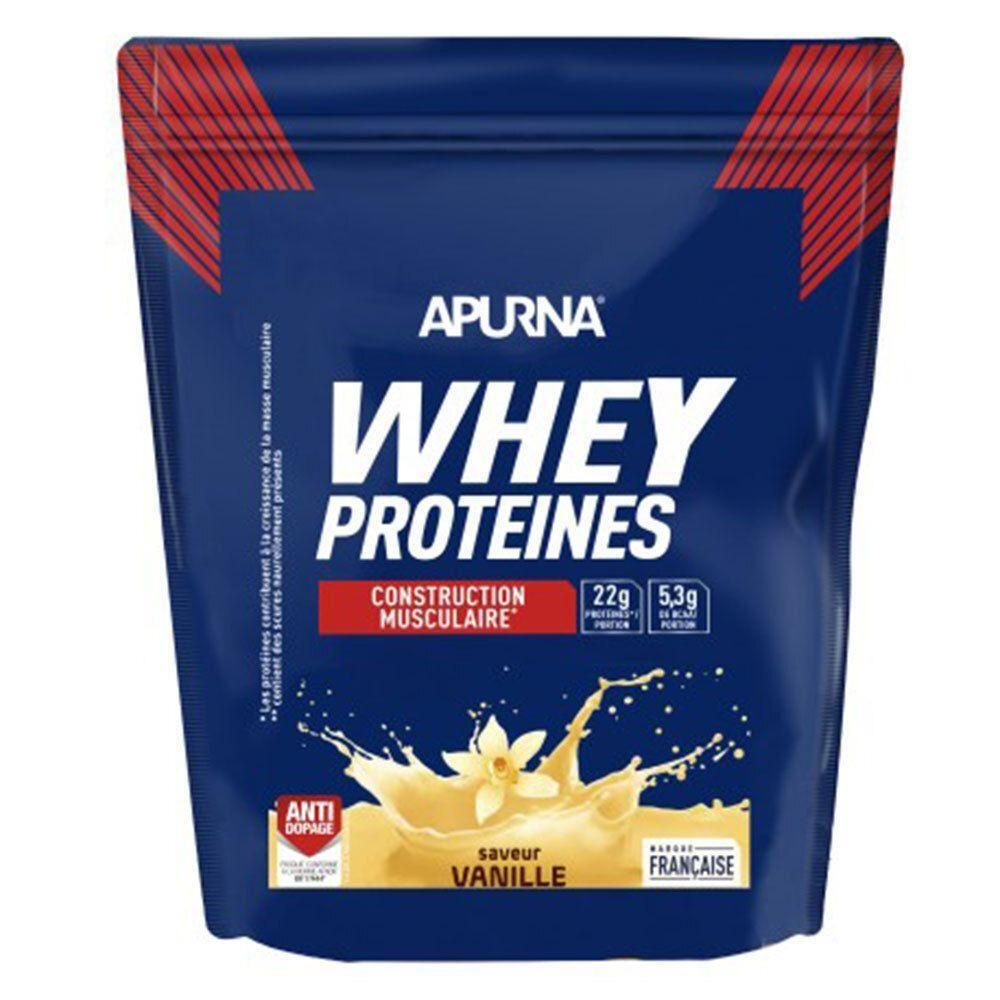 Sachet bleu foncé APURNA Whey Protéines. Inscriptions : WHEY PROTEINES, CONSTRUCTION MUSCULAIRE, goût vanille. Avec label de qualité français.