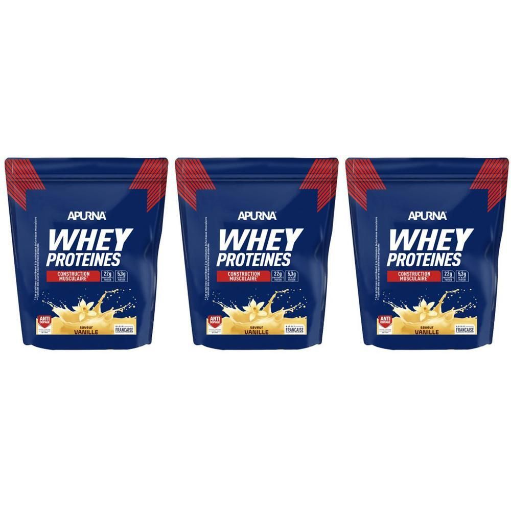 Trois sachets APURNA Whey Proteine Vanille. Emballage bleu avec coin rouge. Inscription : Whey Proteines, Vanille.