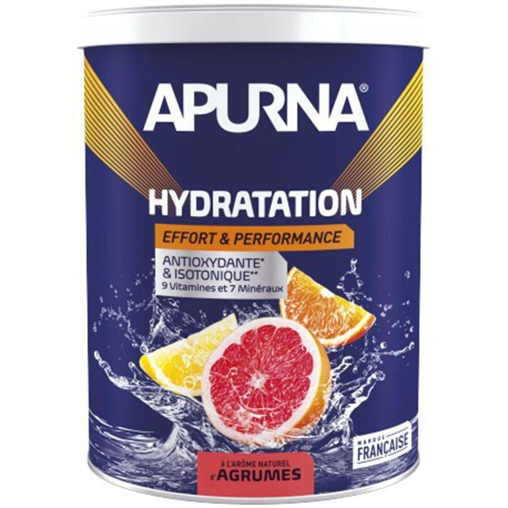 Boîte bleue et blanche APURNA HYDRATATION. Agrumes et mentions « Antioxydant » et « 9 vitamines et 7 minéraux » sont visibles.