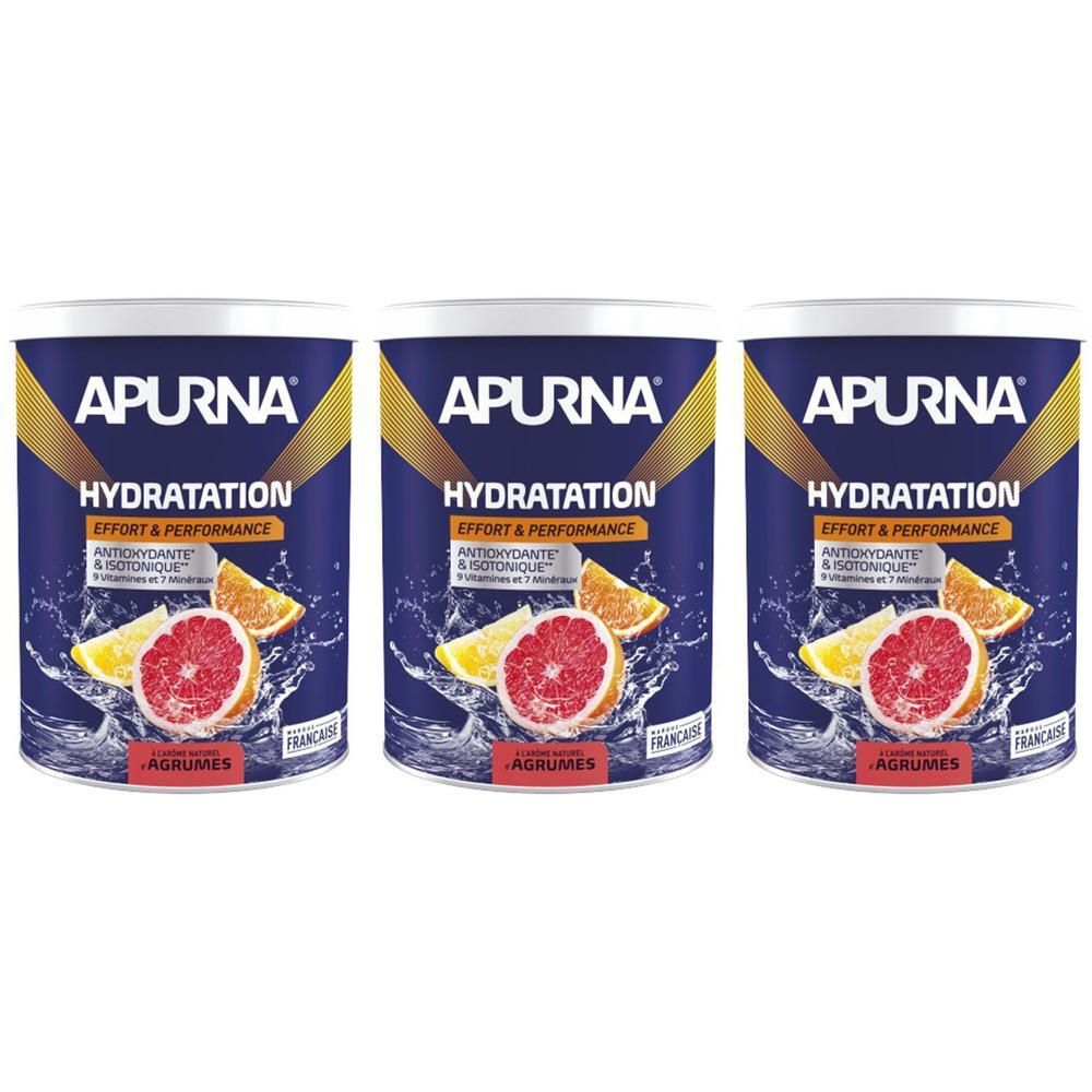 Trois boîtes APURNA HYDRATATION. Agrumes et eau représentés. Tons bleus et jaunes. Texte: ANTIOXYDANT & ISOTONIQUE.
