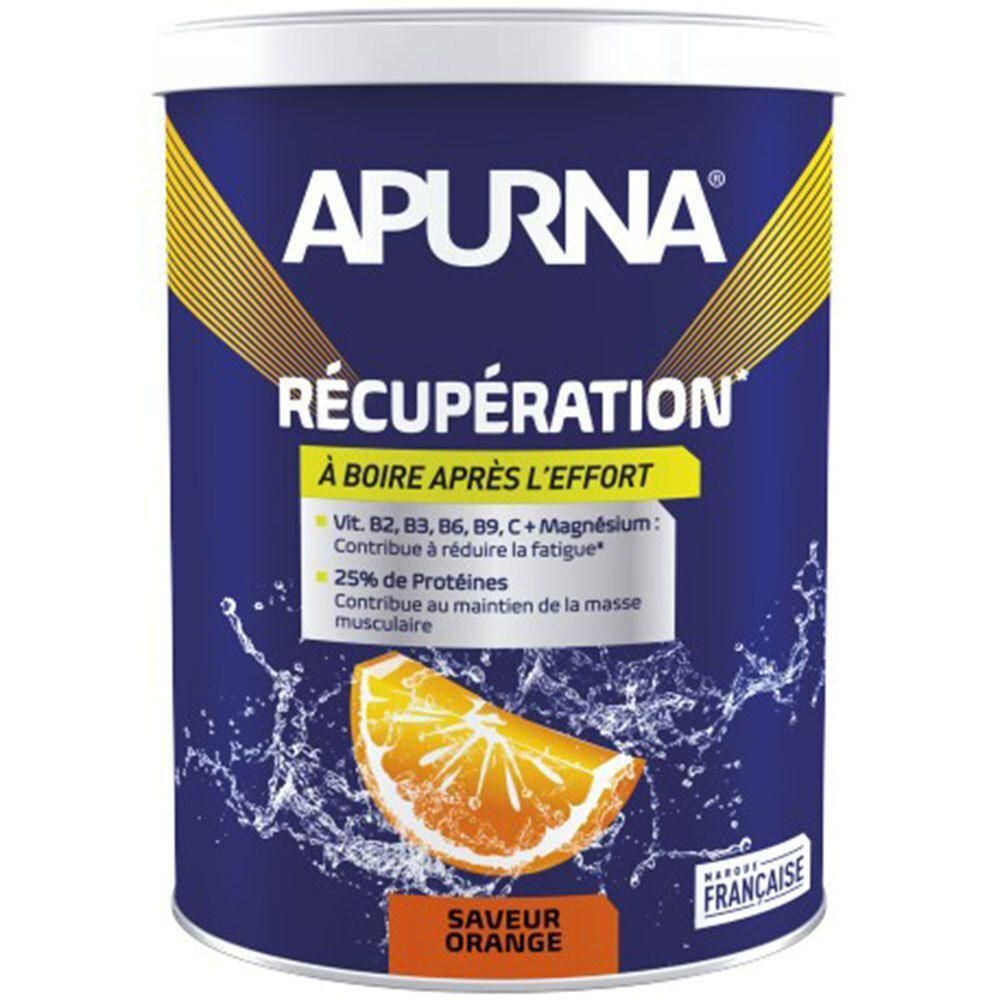 Boîte bleue et blanche APURNA. Inscription RÉCUPÉRATION, goût orange. Contient vitamines et minéraux. Produit français.