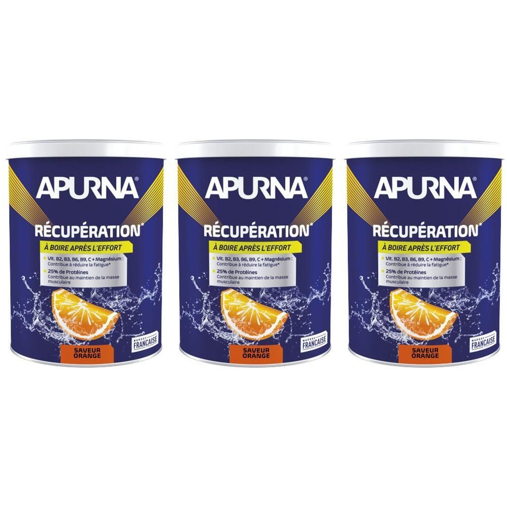 Trois boîtes APURNA RÉCUPÉRATION, bleues avec des détails jaunes. Chaque boîte présente une tranche d'orange. Texte: Saveur Orange.