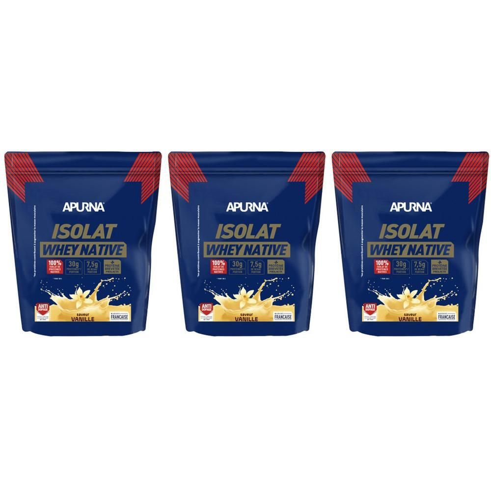 Trois sachets APURNA ISOLAT WHEY NATIV. Emballage bleu avec accent rouge. Inscription : VANILLE. Pack de 3.