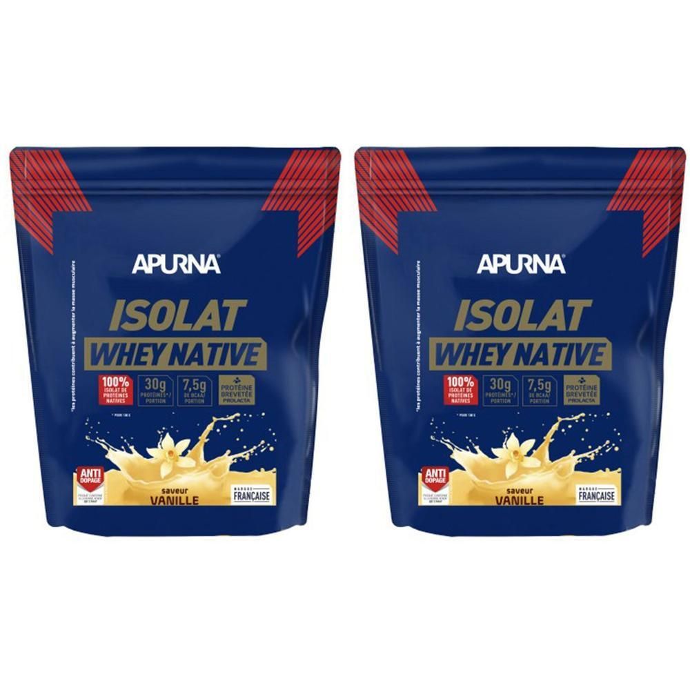 Deux sachets APURNA ISOLAT WHEY NATIVE. Emballage bleu avec détails rouges. Inscription: VANILLE, FRANCAISE. Contient 100%, 30g, 7,5g.