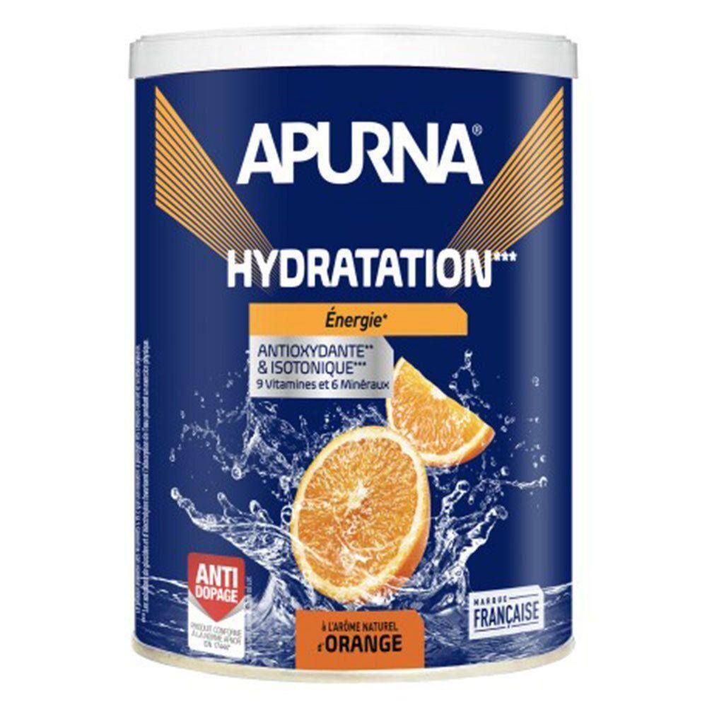 Boîte cylindrique APURNA. Contient Hydratation, Énergie, antioxydant, 9 vitamines, 6 minéraux et arôme naturel orange. Label anti-dopage.